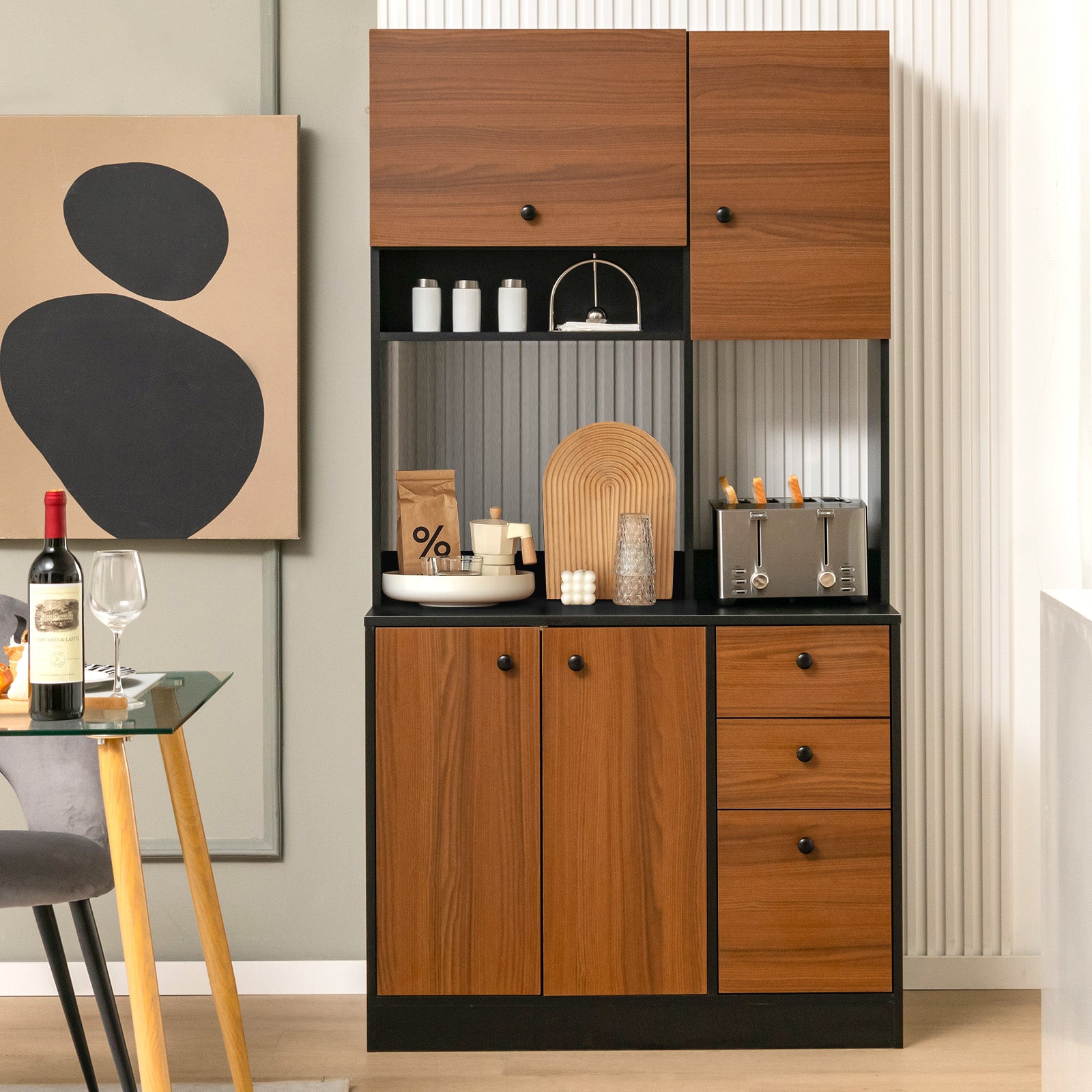 71 Inch Kitchen Pantry with 3 Storage Cabinet and 3 Deep Drawers, Black Sideboards Cabinets & Buffets   at Gallery Canada