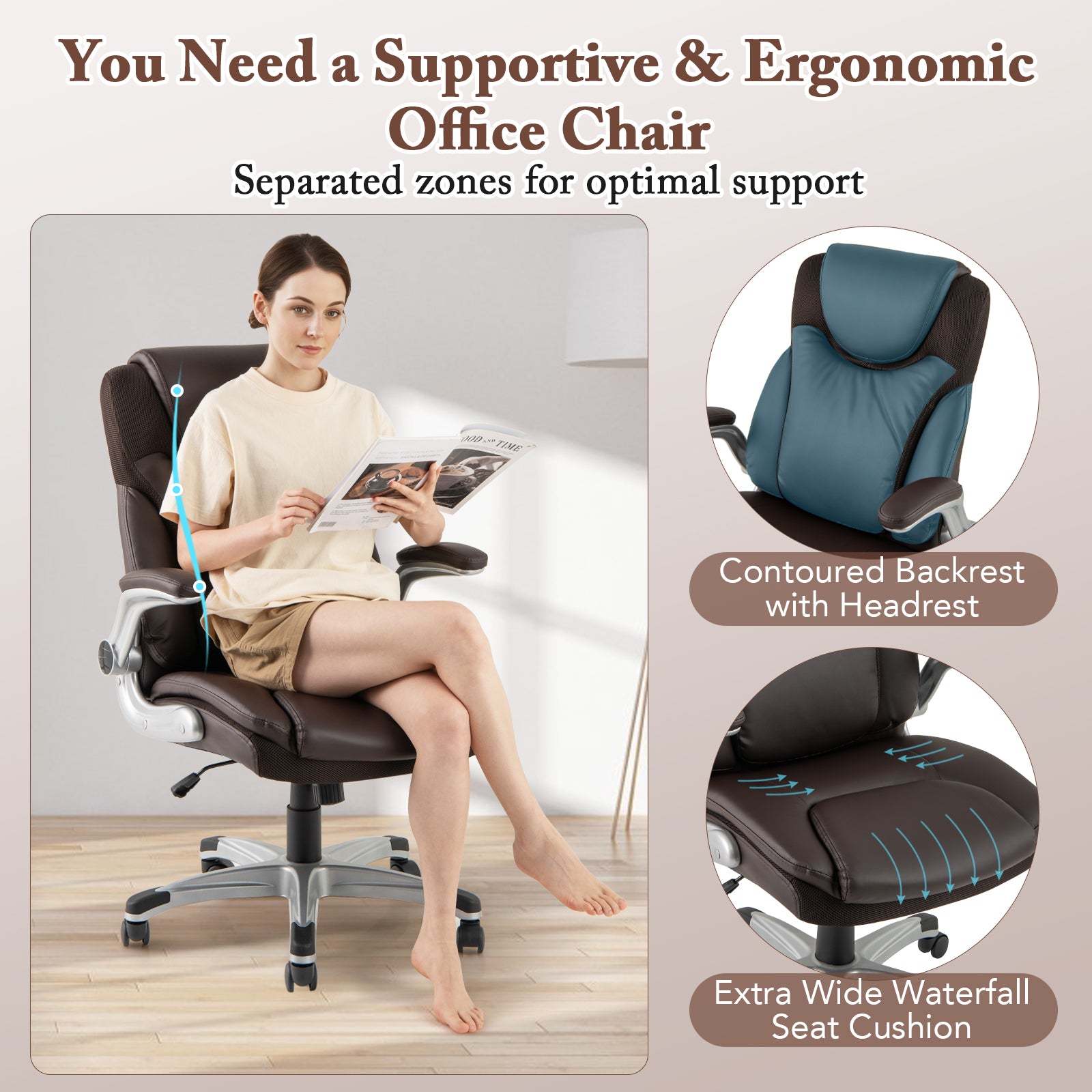 Ergonomic Office PU Leather Executive Chair with Flip-up Armrests and Rocking Function, Brown Executive Chairs at Gallery Canada