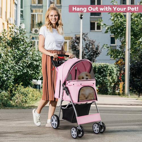 Folding Pet Stroller with Storage Basket and Adjustable Canopy, Pink