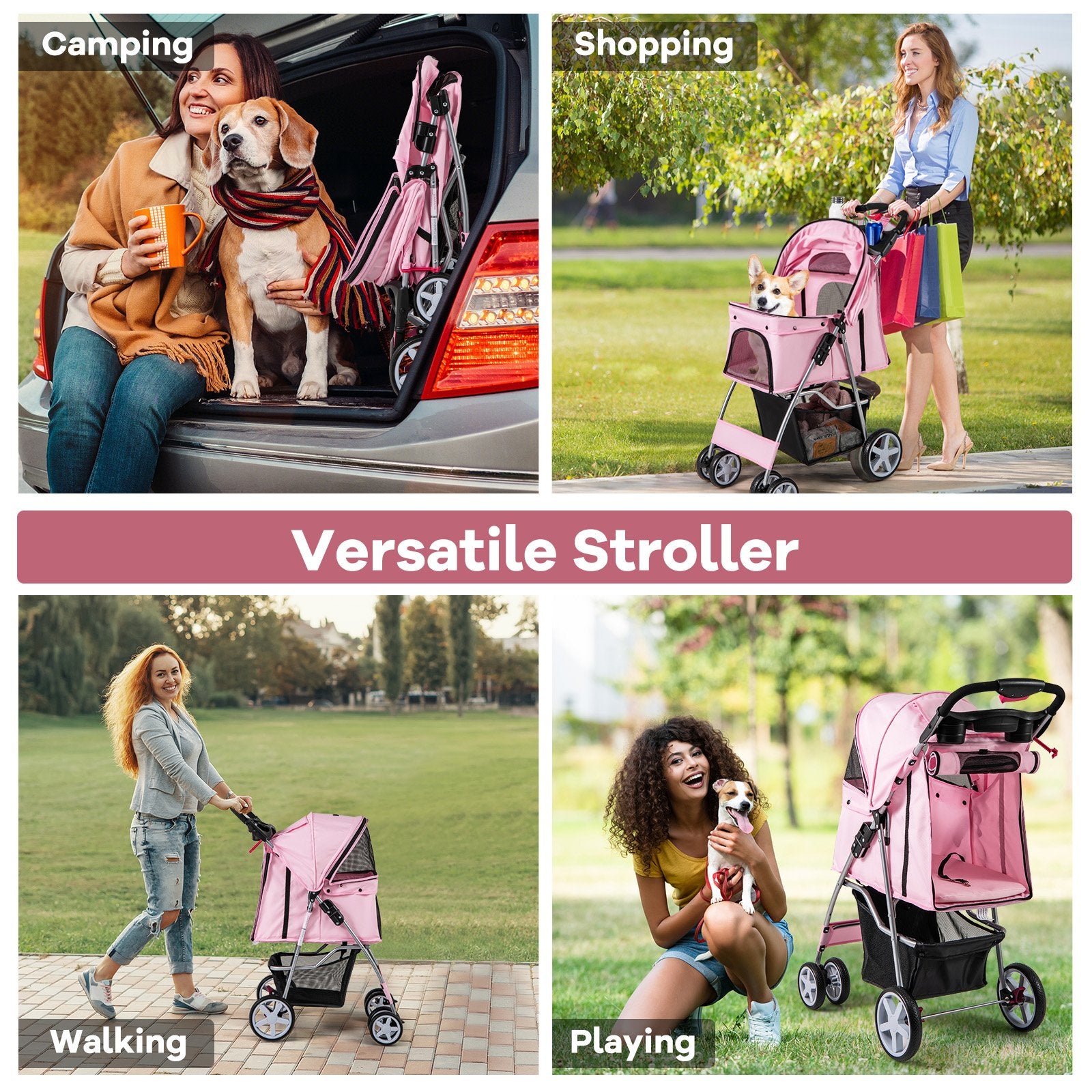 Folding Pet Stroller with Storage Basket and Adjustable Canopy, Pink Dog Supplies   at Gallery Canada