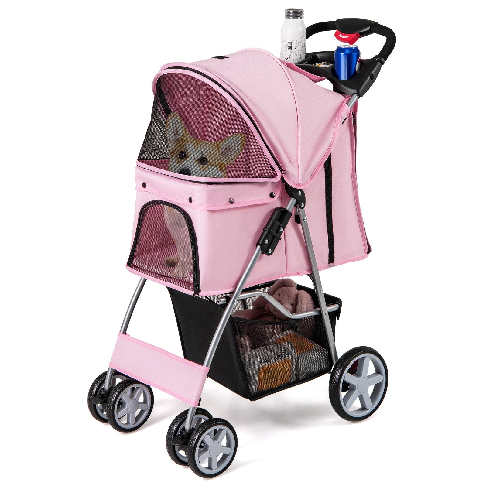 Folding Pet Stroller with Storage Basket and Adjustable Canopy, Pink Dog Supplies Pink  at Gallery Canada