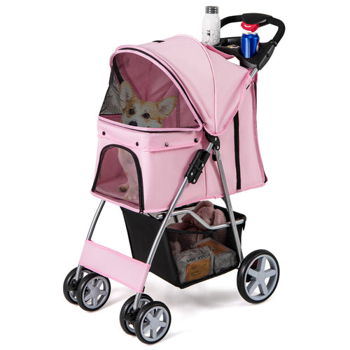 Folding Pet Stroller with Storage Basket and Adjustable Canopy, Pink