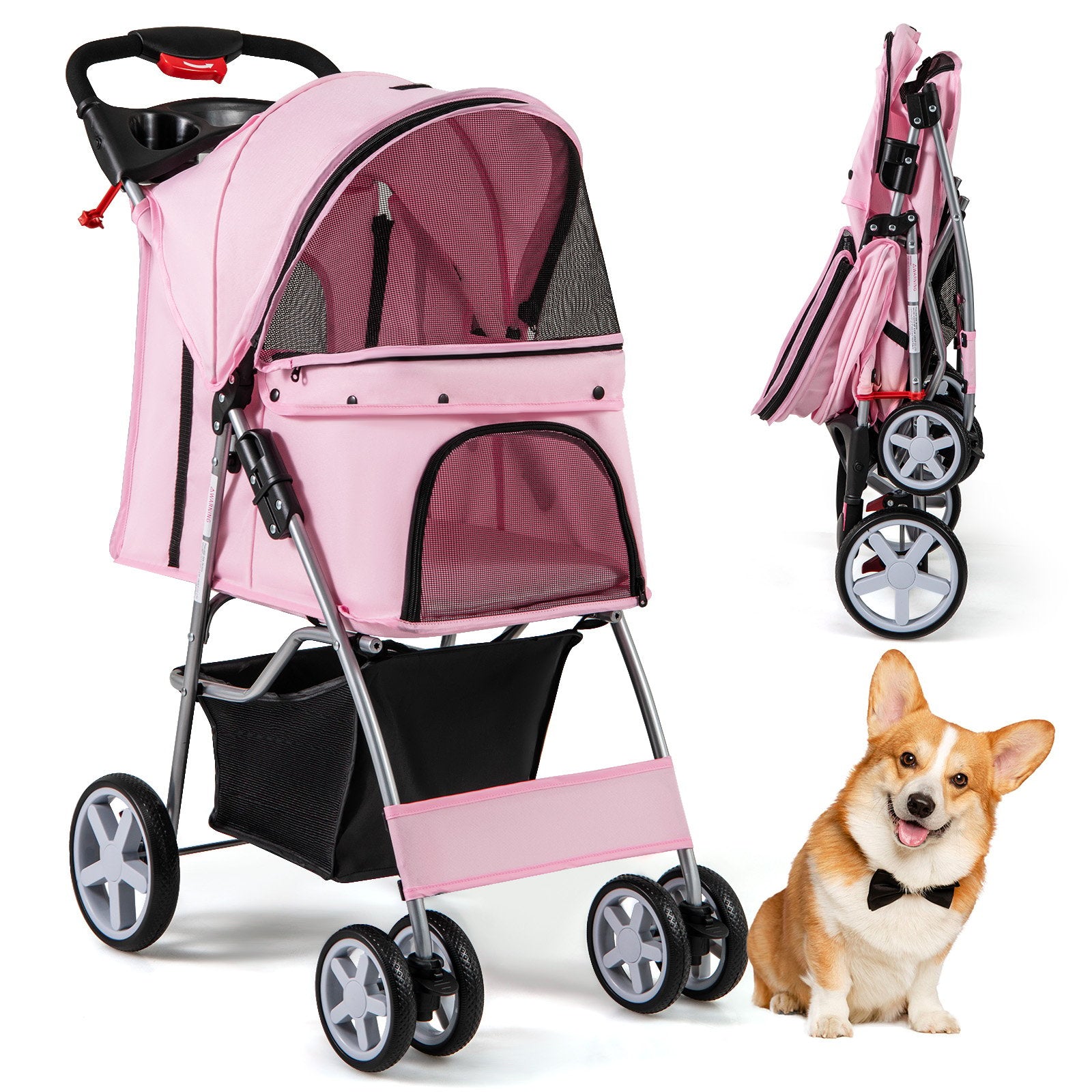 Folding Pet Stroller with Storage Basket and Adjustable Canopy, Pink Dog Supplies   at Gallery Canada