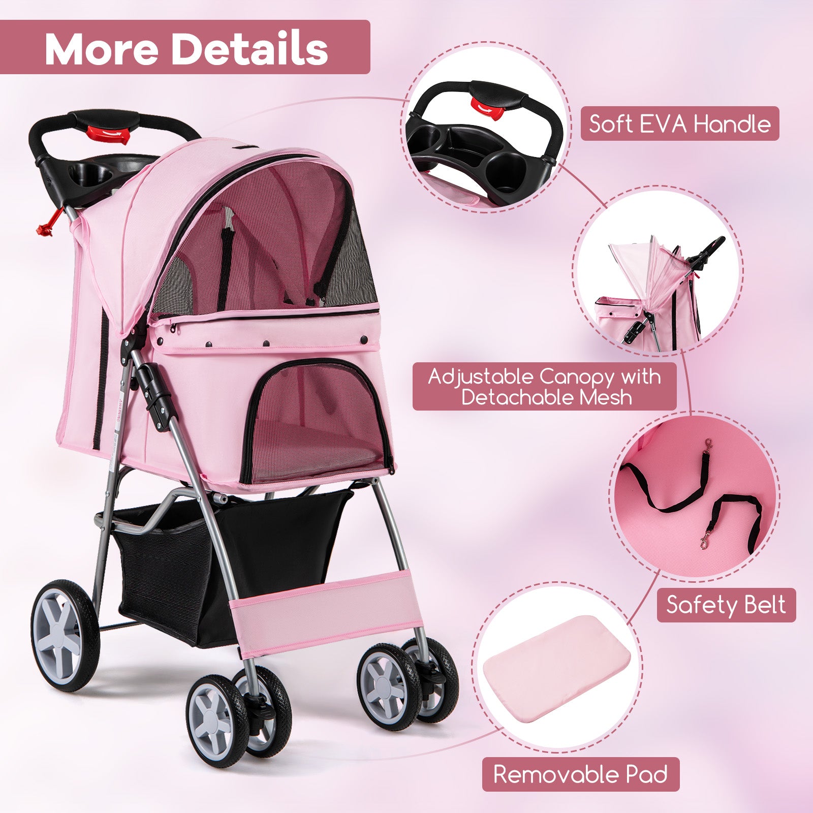 Folding Pet Stroller with Storage Basket and Adjustable Canopy, Pink Dog Supplies   at Gallery Canada