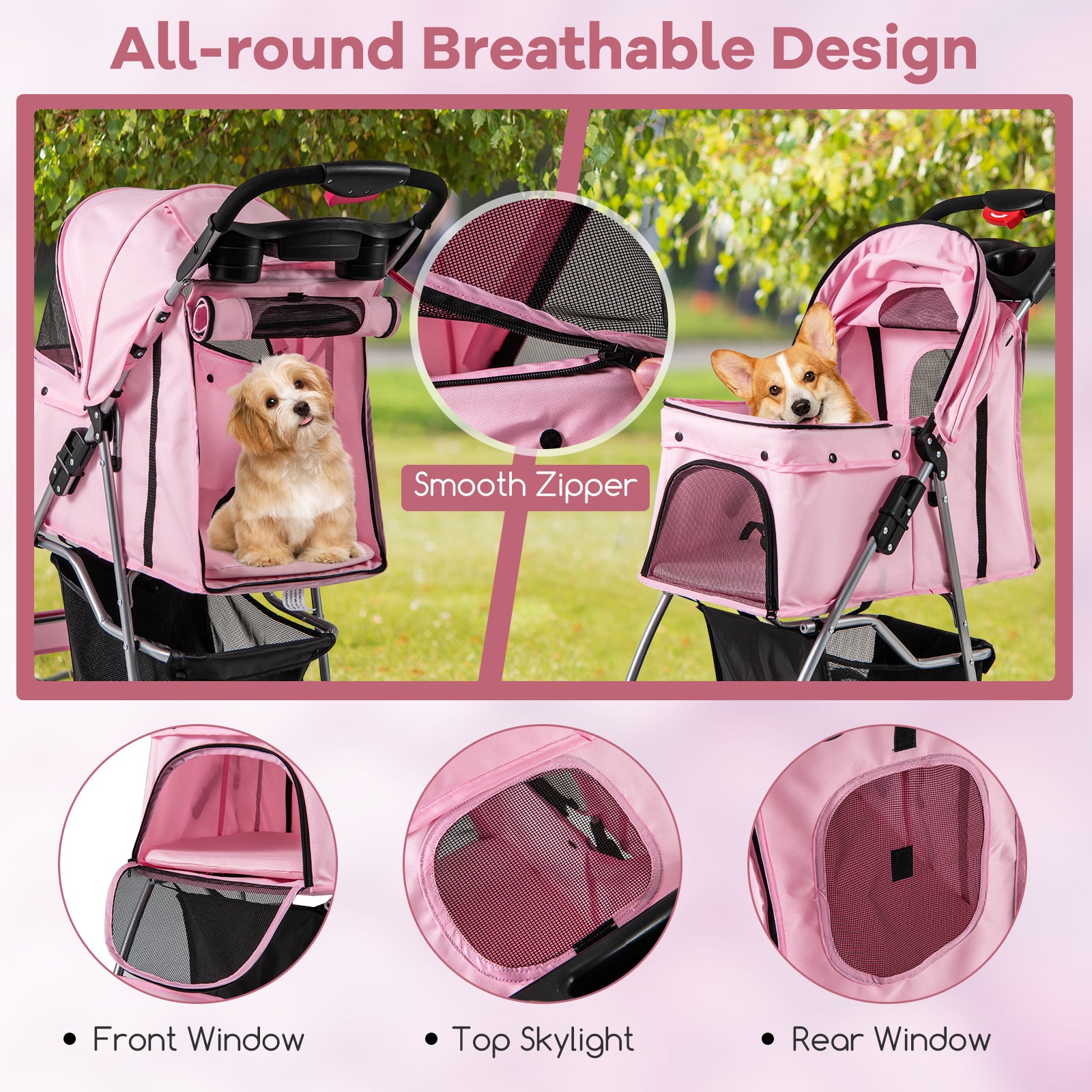 Folding Pet Stroller with Storage Basket and Adjustable Canopy, Pink Dog Supplies   at Gallery Canada