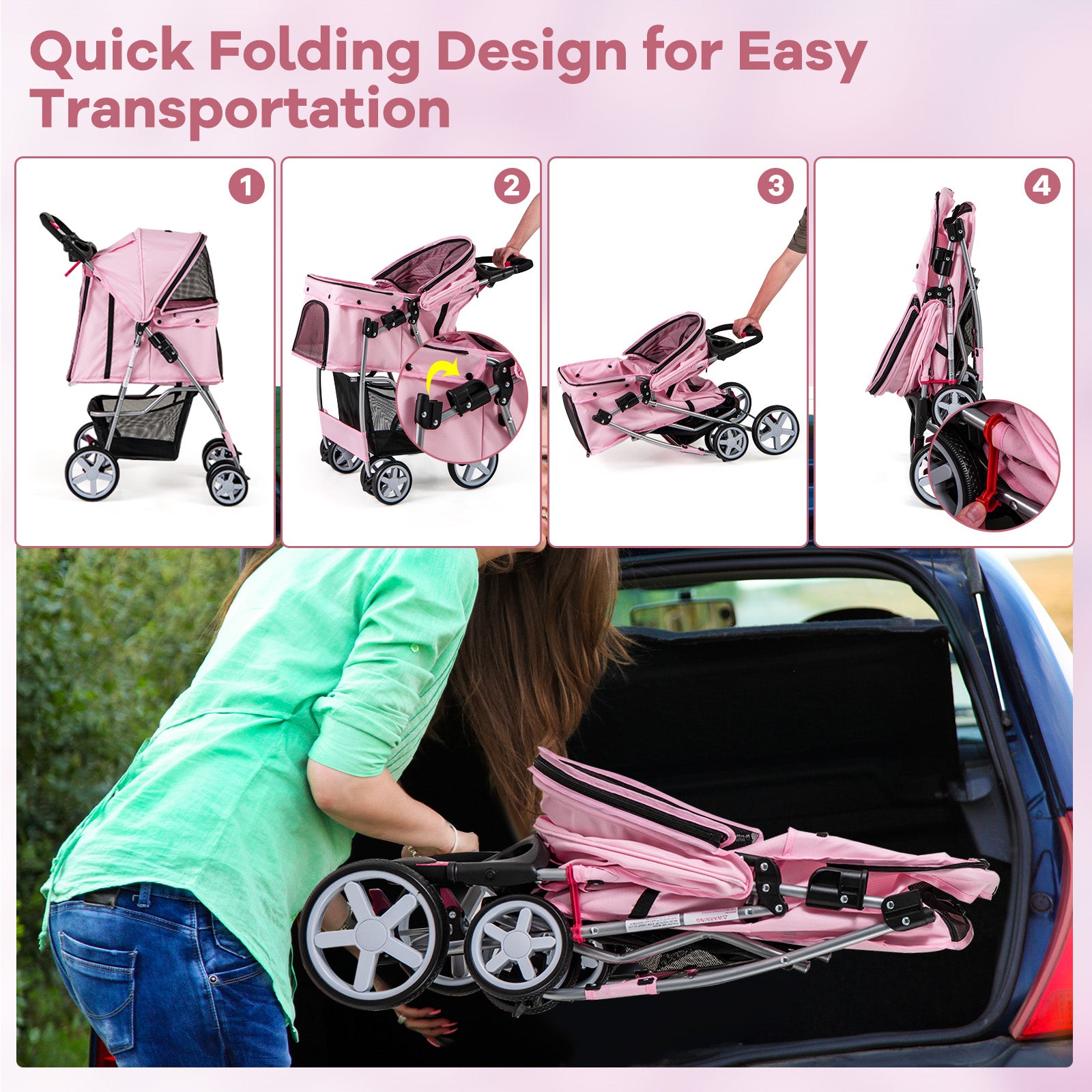 Folding Pet Stroller with Storage Basket and Adjustable Canopy, Pink Dog Supplies   at Gallery Canada