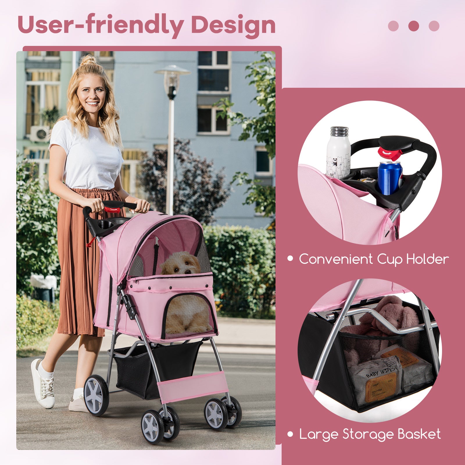 Folding Pet Stroller with Storage Basket and Adjustable Canopy, Pink Dog Supplies   at Gallery Canada