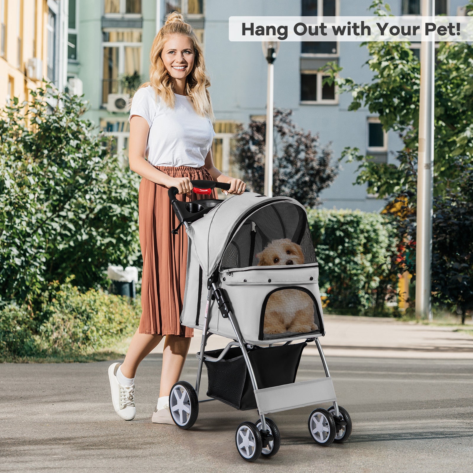 Folding Pet Stroller with Storage Basket and Adjustable Canopy, Gray Dog Supplies   at Gallery Canada