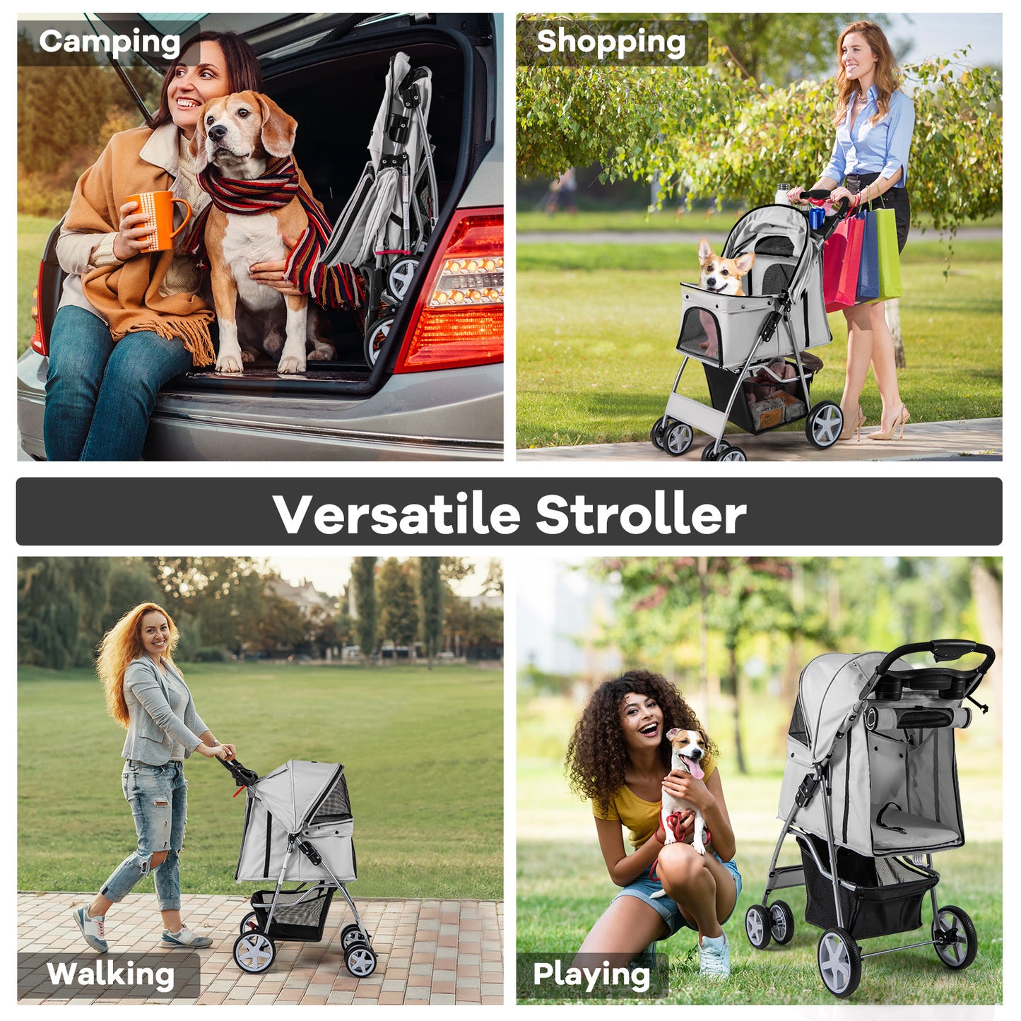 Folding Pet Stroller with Storage Basket and Adjustable Canopy, Gray Dog Supplies   at Gallery Canada