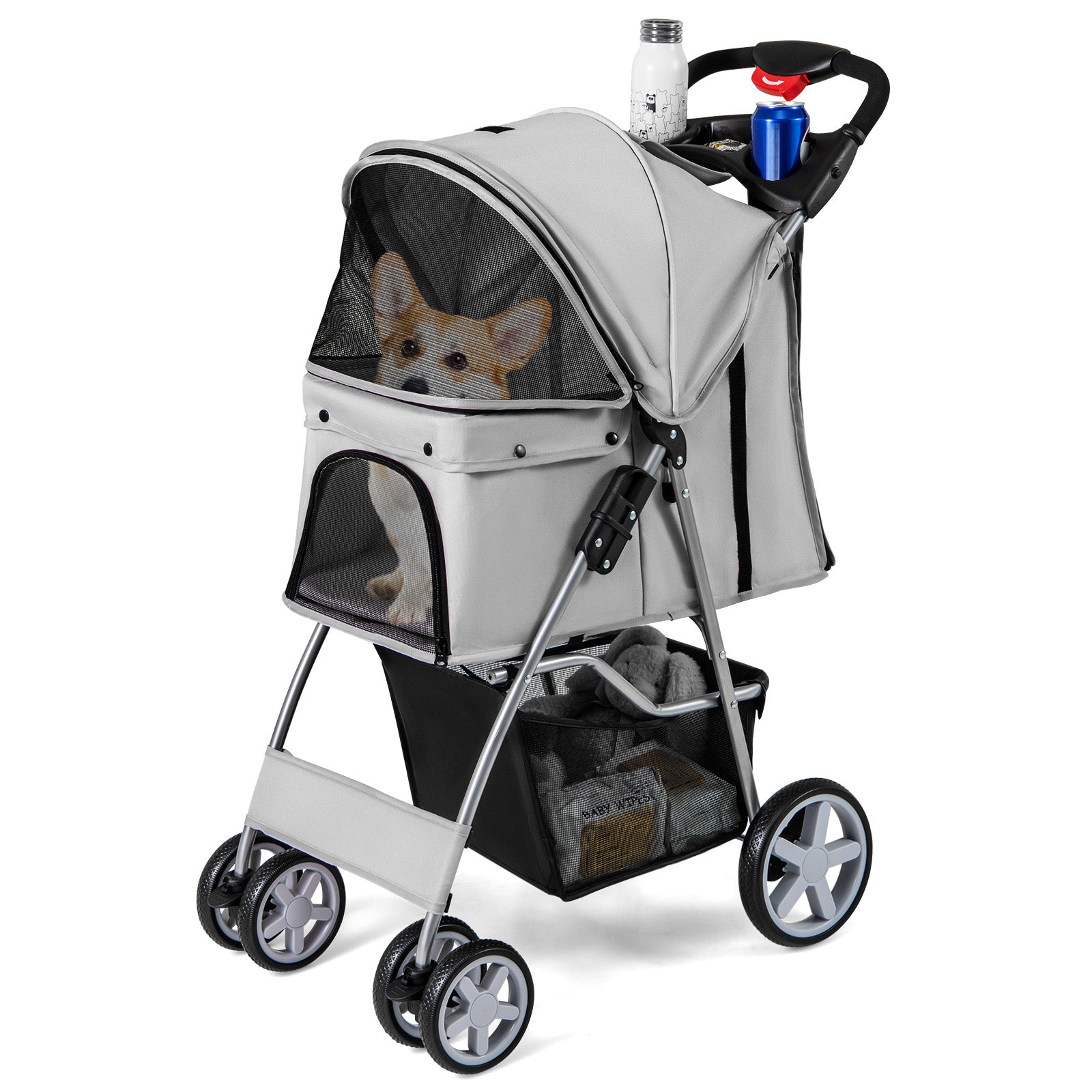 Folding Pet Stroller with Storage Basket and Adjustable Canopy, Gray Dog Supplies Gray  at Gallery Canada