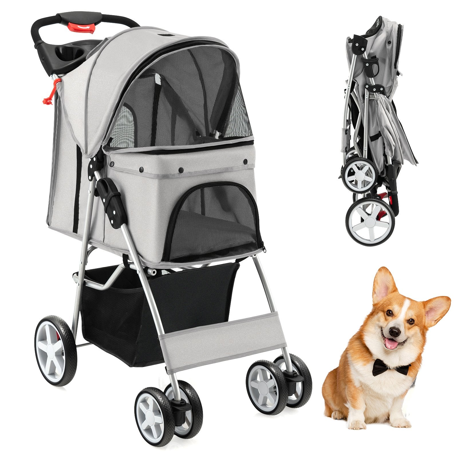 Folding Pet Stroller with Storage Basket and Adjustable Canopy, Gray Dog Supplies   at Gallery Canada