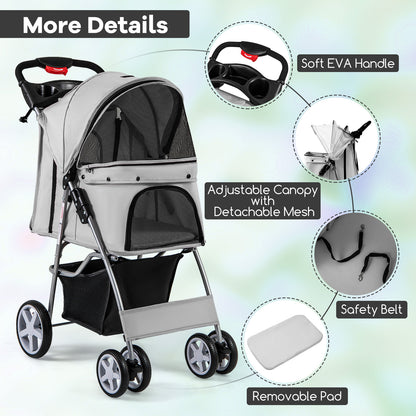 Folding Pet Stroller with Storage Basket and Adjustable Canopy, Gray Dog Supplies   at Gallery Canada