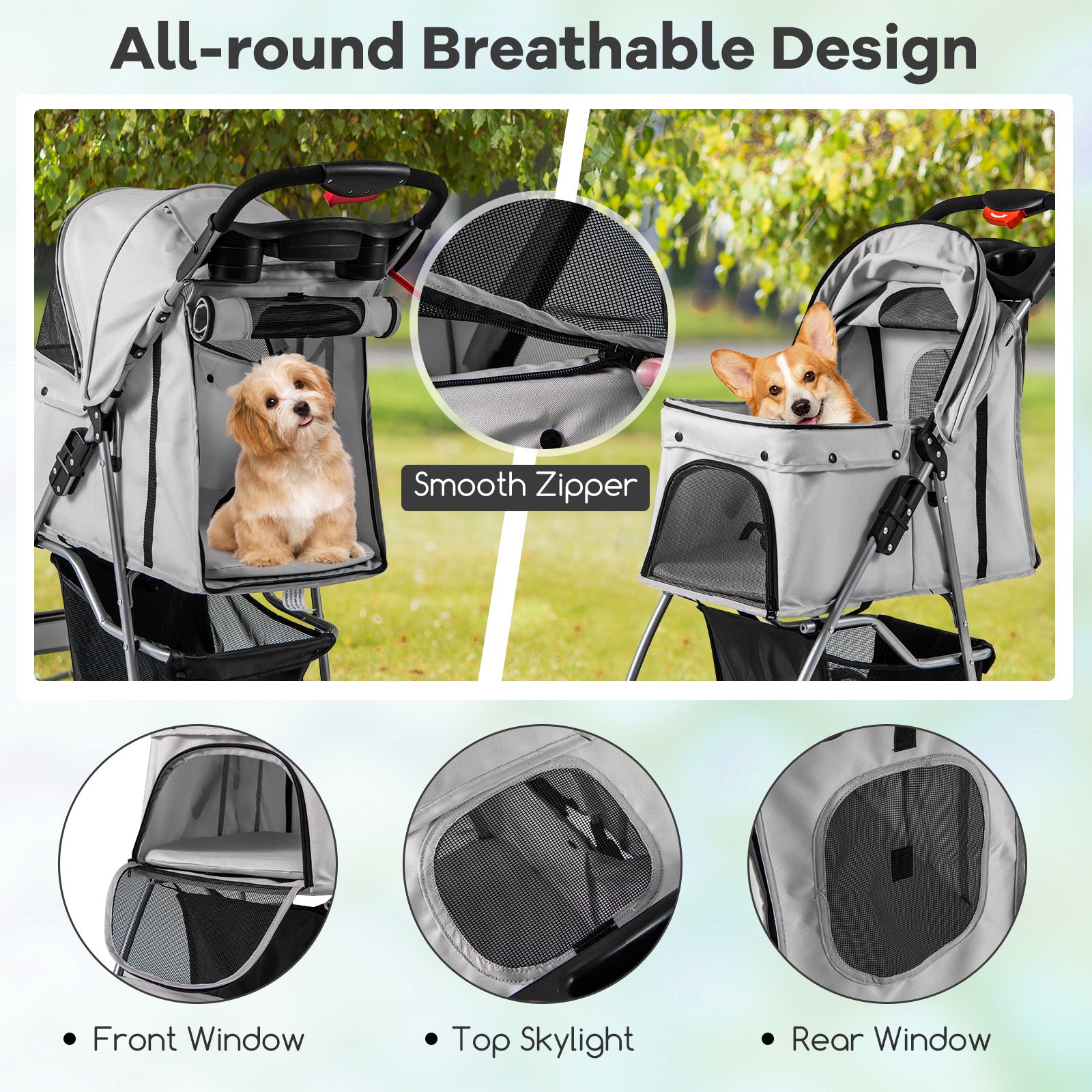 Folding Pet Stroller with Storage Basket and Adjustable Canopy, Gray Dog Supplies   at Gallery Canada