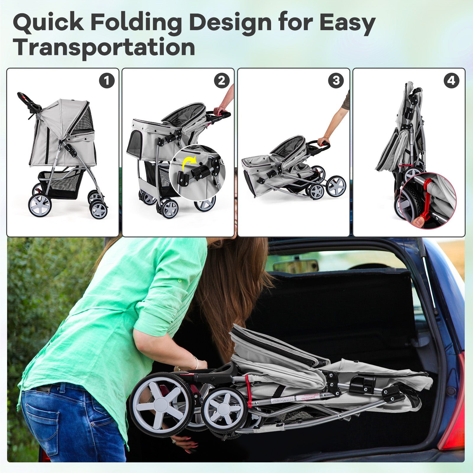 Folding Pet Stroller with Storage Basket and Adjustable Canopy, Gray Dog Supplies   at Gallery Canada