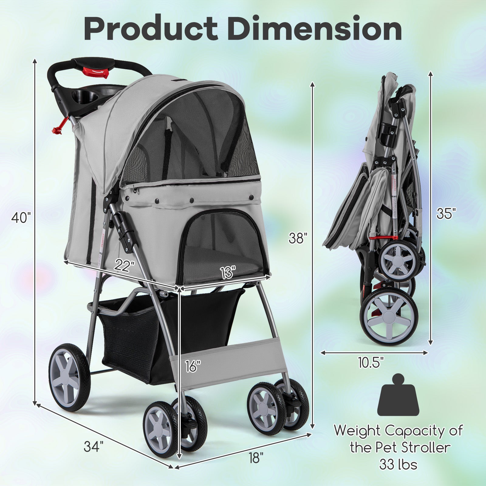 Folding Pet Stroller with Storage Basket and Adjustable Canopy, Gray Dog Supplies   at Gallery Canada