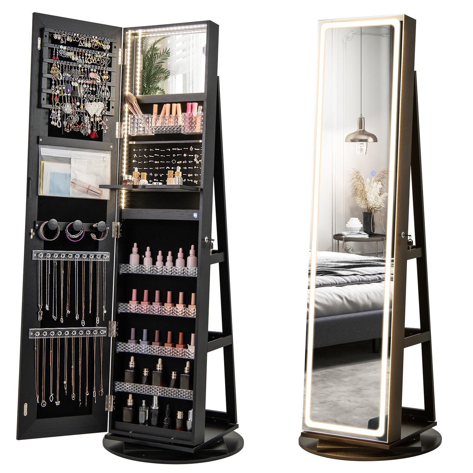 Standing Jewelry Cabinet with Adjustable LED Lights, Black Jewelry Armoires Black  at Gallery Canada