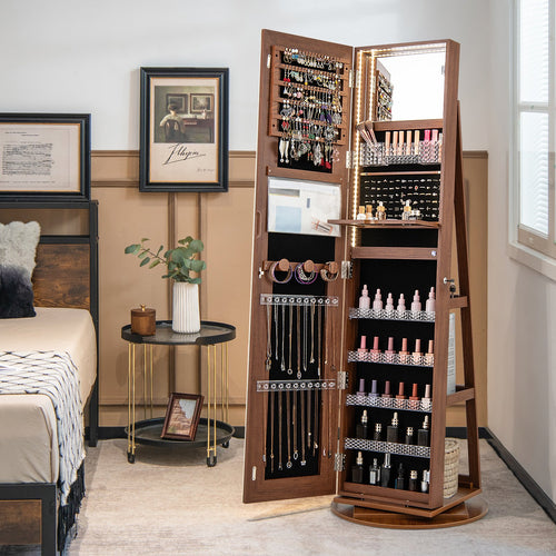 Standing Jewelry Cabinet with Adjustable LED Lights, Brown