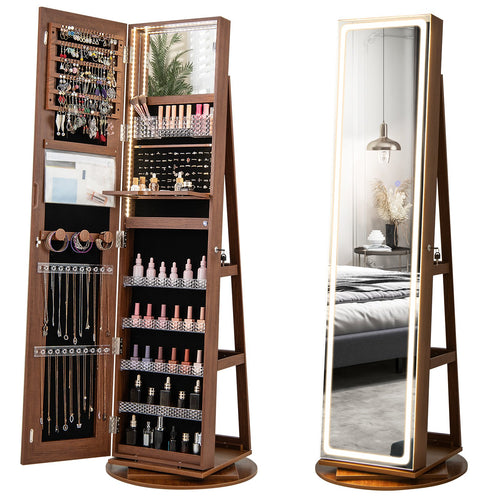 Standing Jewelry Cabinet with Adjustable LED Lights, Brown