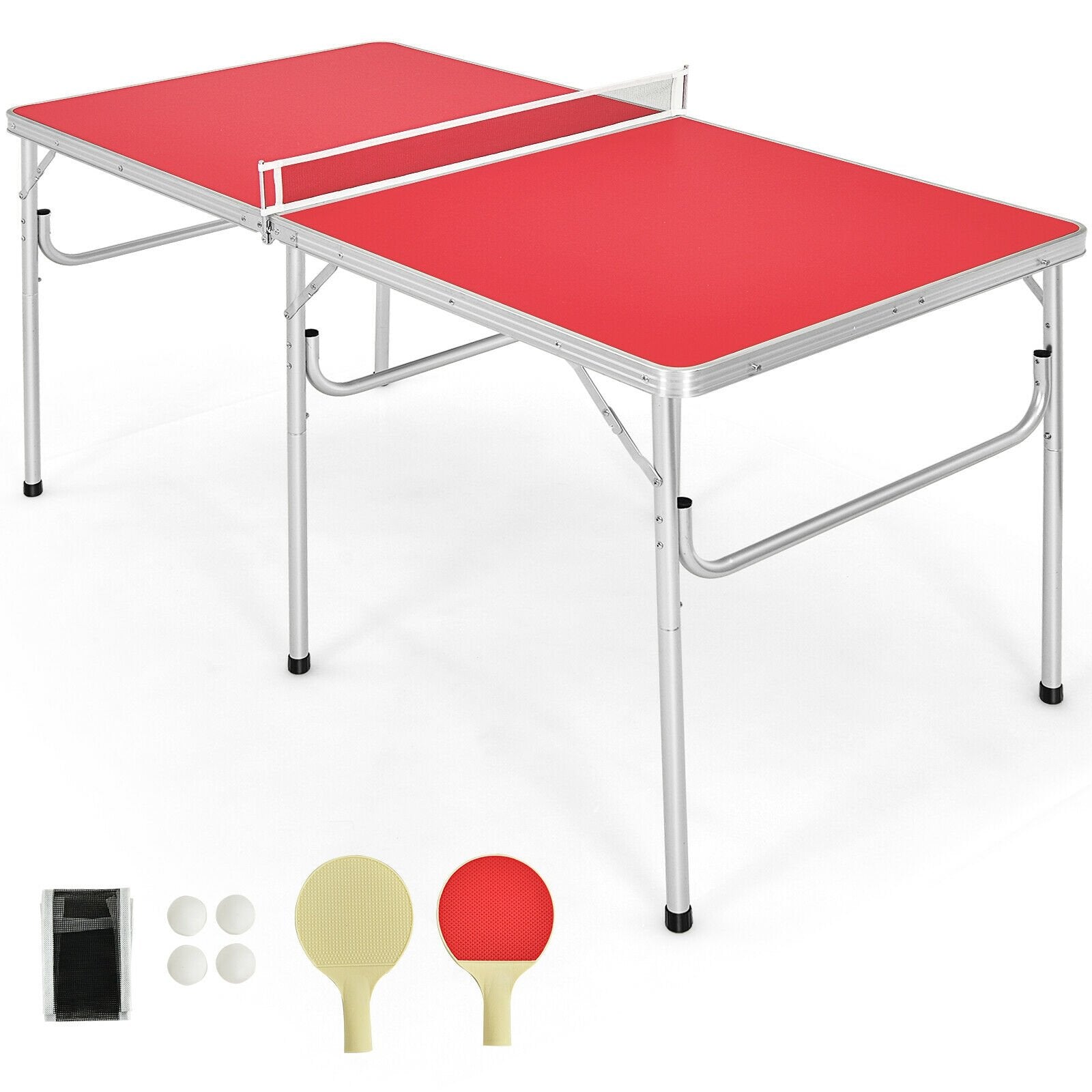 60 Inch Portable Tennis Ping Pong Folding Table with Accessories, Red Sport Equipments Red at Gallery Canada