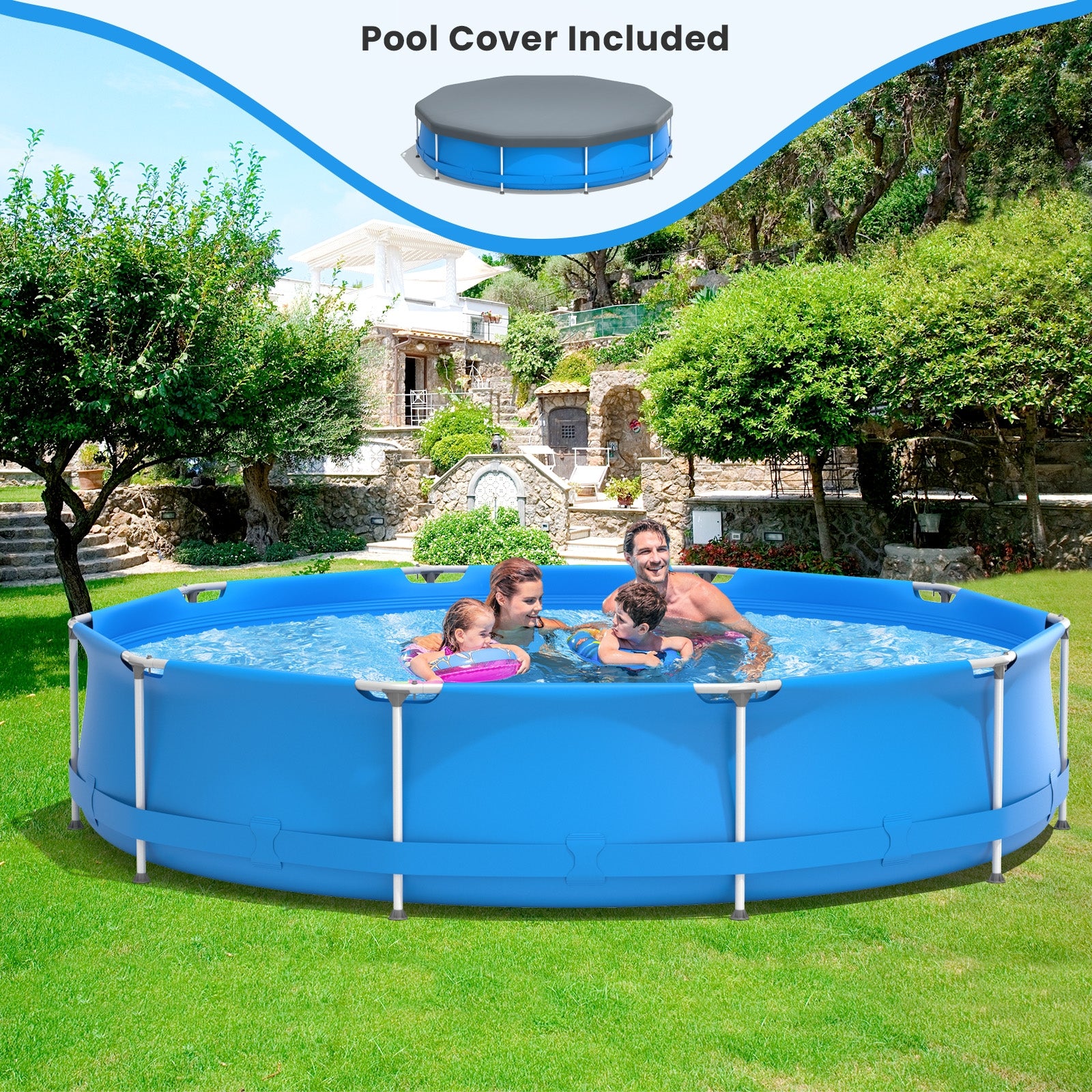 Round Above Ground Swimming Pool With Pool Cover, Blue Swimming Pools at Gallery Canada