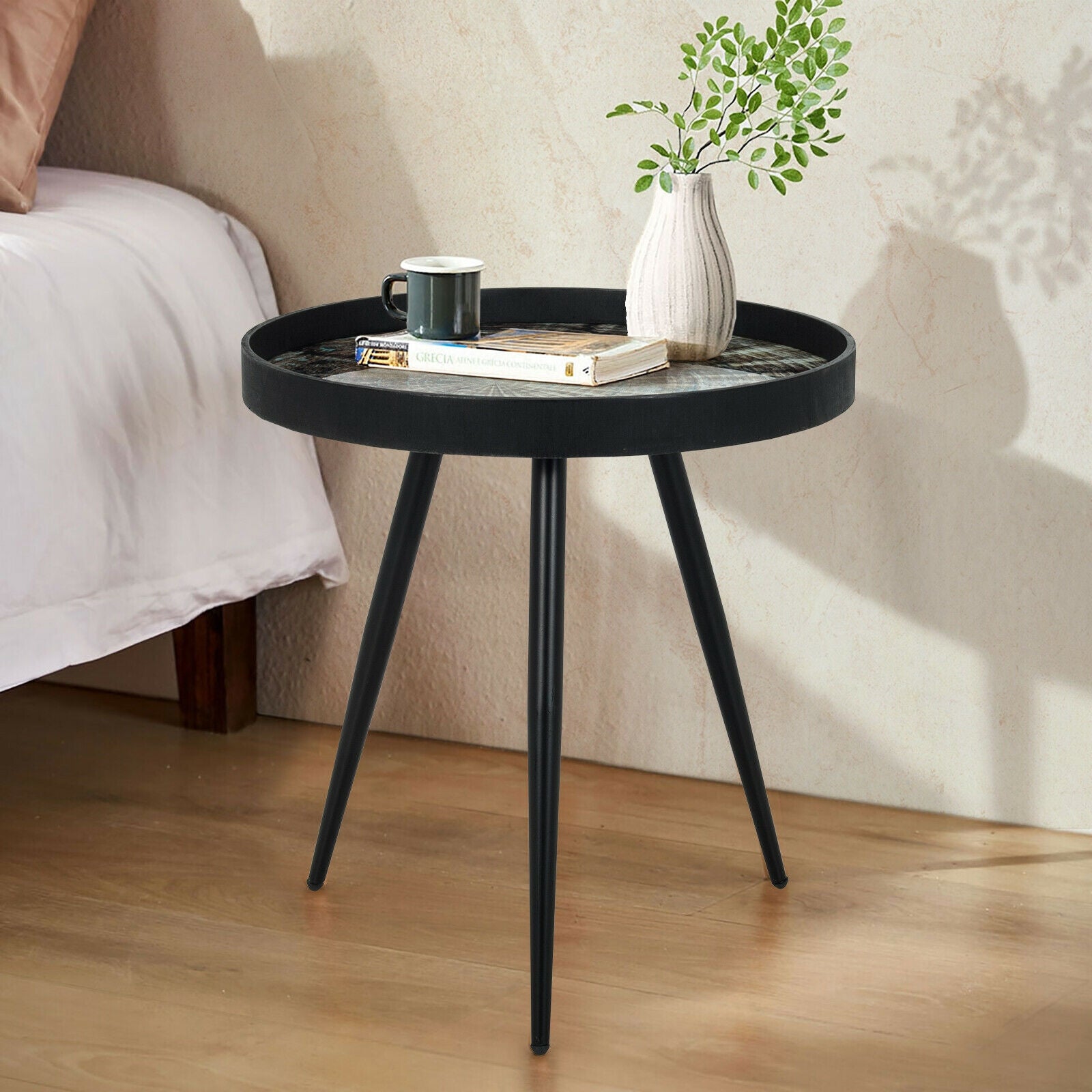 Modern Round End Table with Wooden Tray Top for Living Room Bedroom, Black End & Side Tables at Gallery Canada