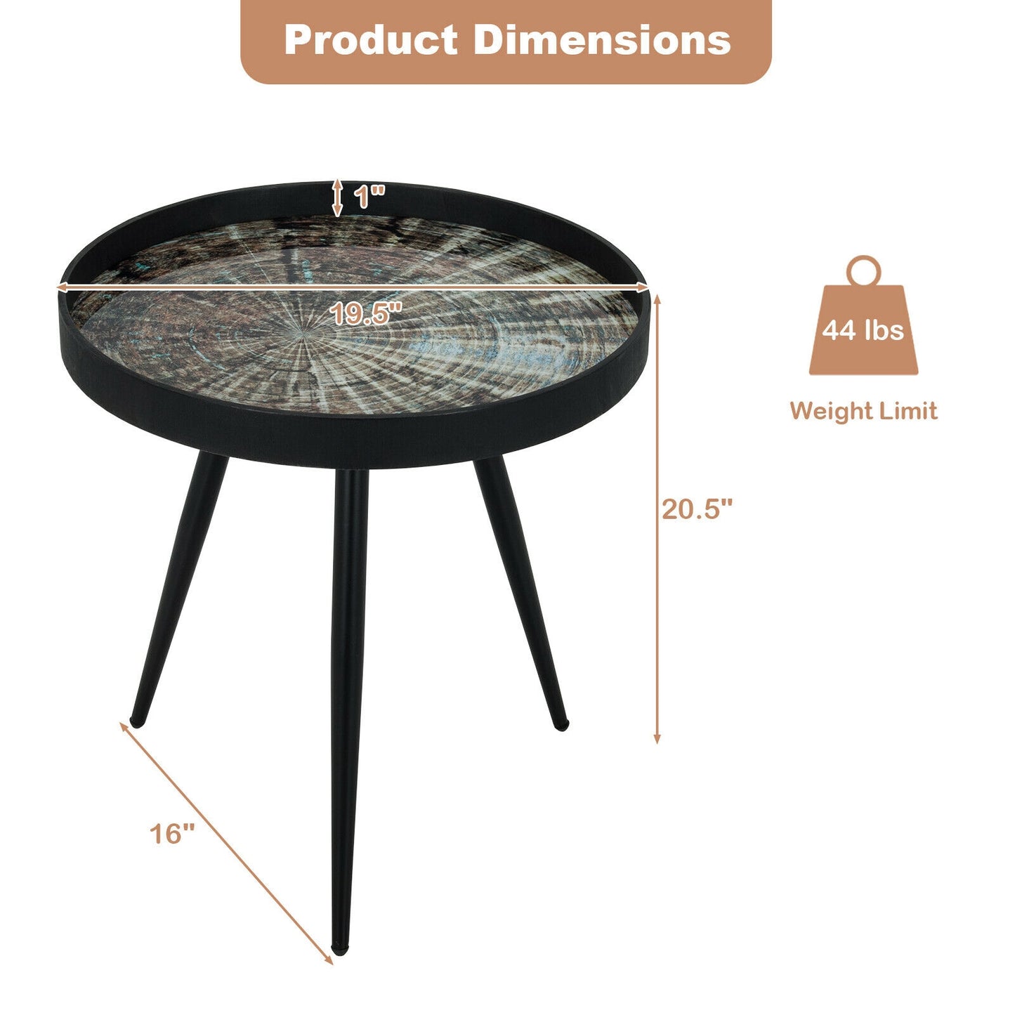 Modern Round End Table with Wooden Tray Top for Living Room Bedroom, Black End & Side Tables at Gallery Canada