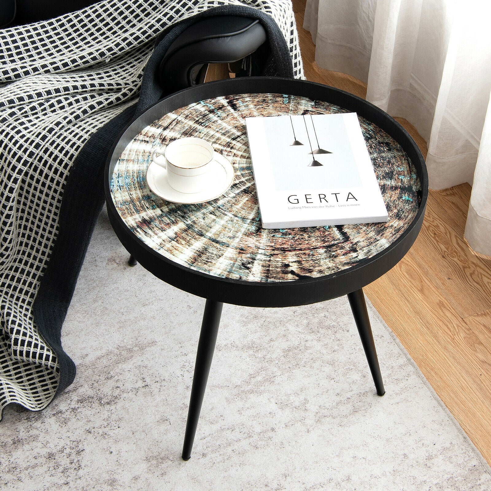 Modern Round End Table with Wooden Tray Top for Living Room Bedroom, Black End & Side Tables at Gallery Canada