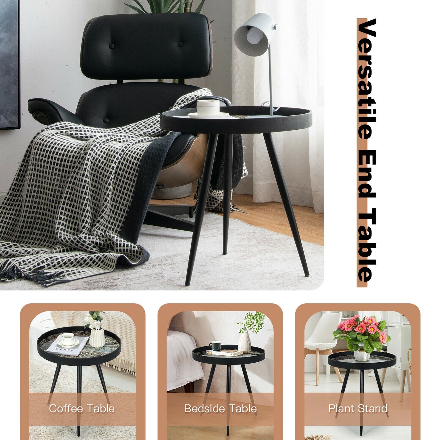 Modern Round End Table with Wooden Tray Top for Living Room Bedroom, Black End & Side Tables at Gallery Canada