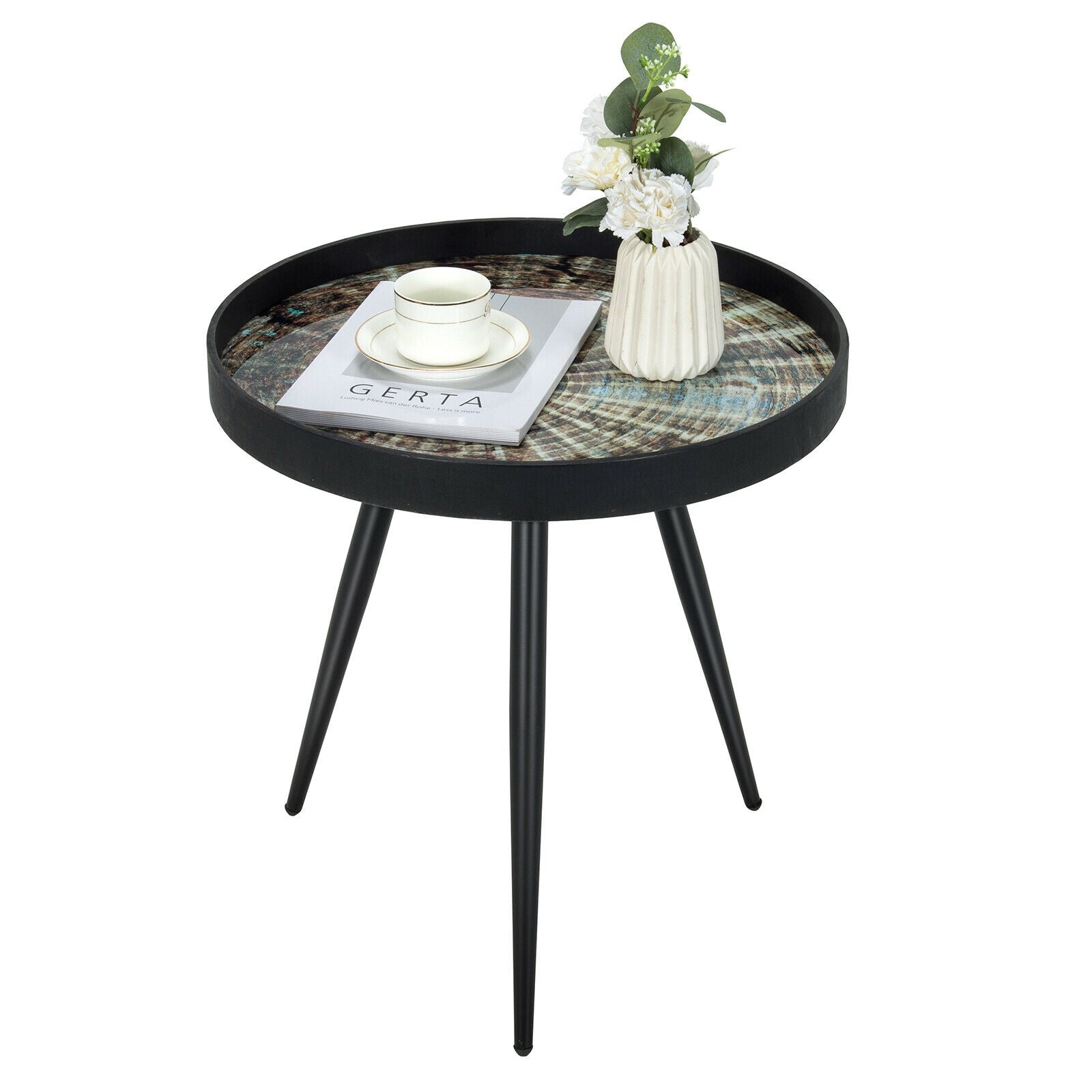 Modern Round End Table with Wooden Tray Top for Living Room Bedroom, Black End & Side Tables at Gallery Canada