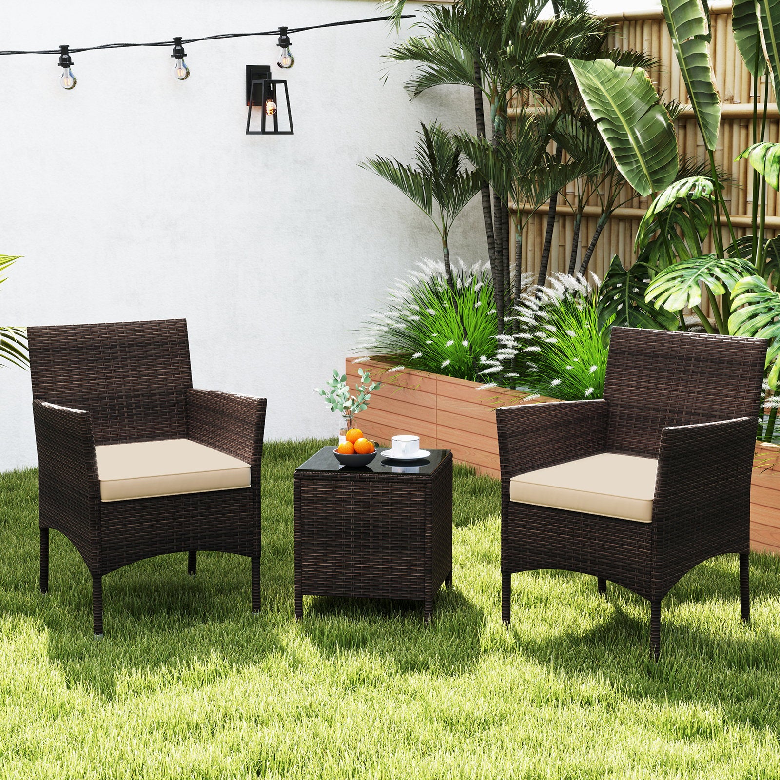 3 Pieces Outdoor Conversation Set with Cushioned Seat and Glass Tabletop, Beige Patio Conversation Sets   at Gallery Canada