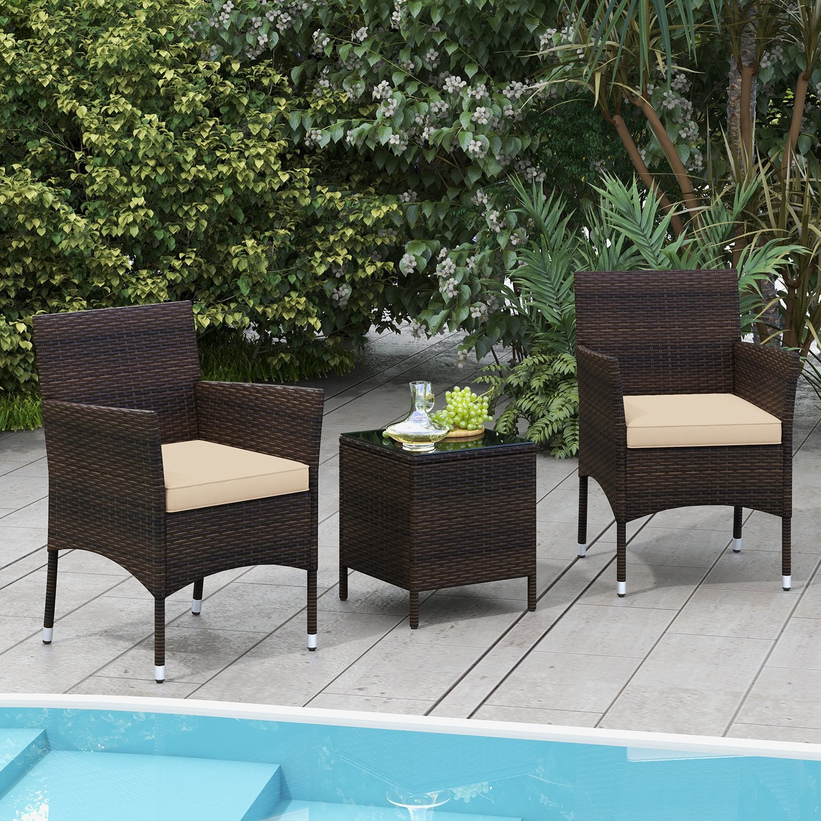 3 Pieces Outdoor Conversation Set with Cushioned Seat and Glass Tabletop, Beige Patio Conversation Sets   at Gallery Canada