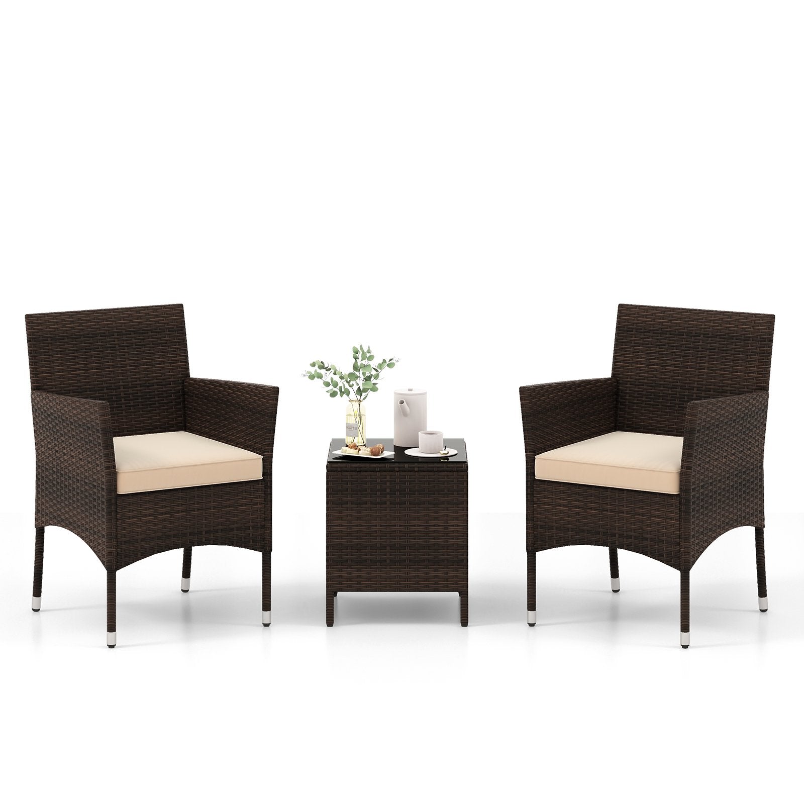 3 Pieces Outdoor Conversation Set with Cushioned Seat and Glass Tabletop, Beige Patio Conversation Sets Beige  at Gallery Canada