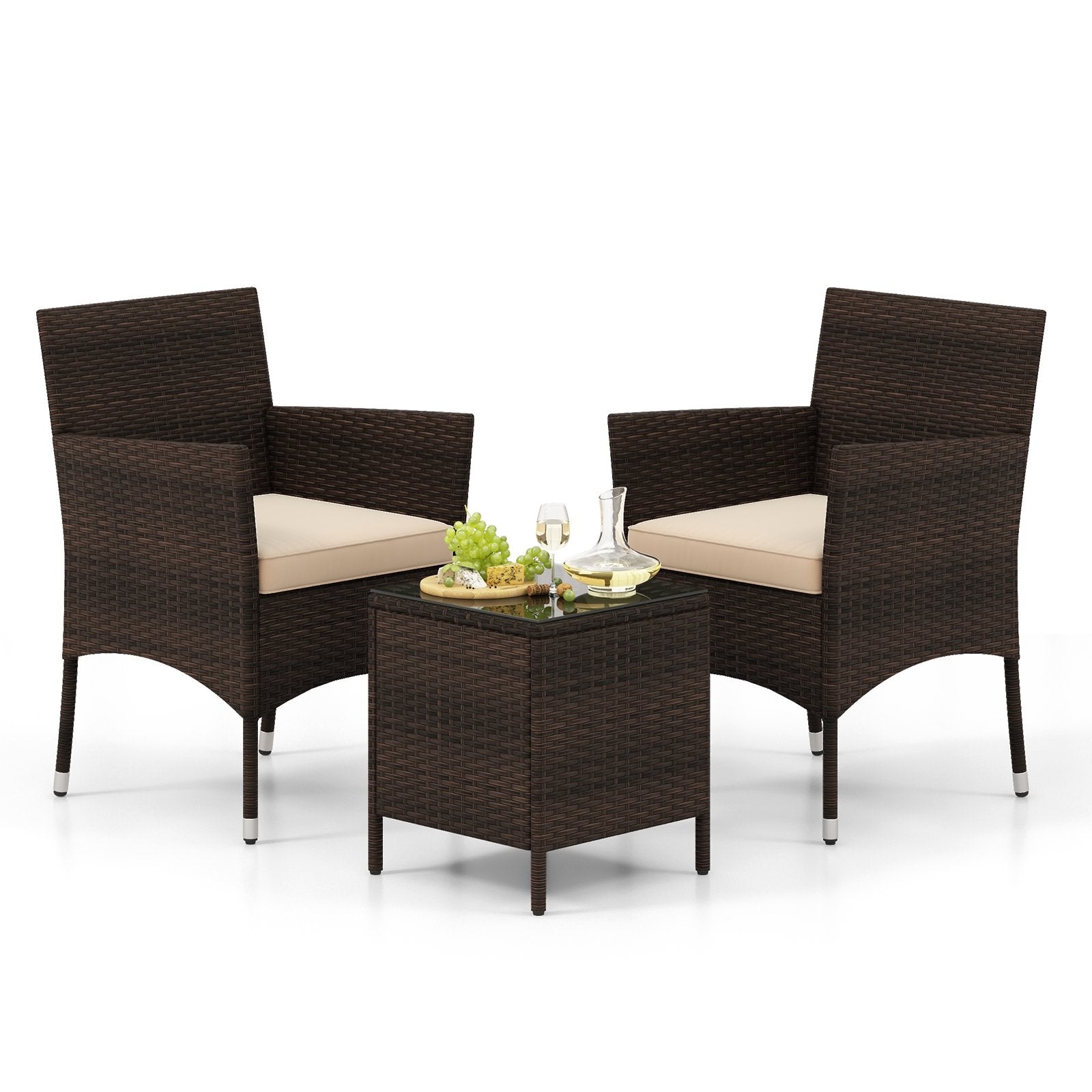 3 Pieces Outdoor Conversation Set with Cushioned Seat and Glass Tabletop, Beige Patio Conversation Sets   at Gallery Canada