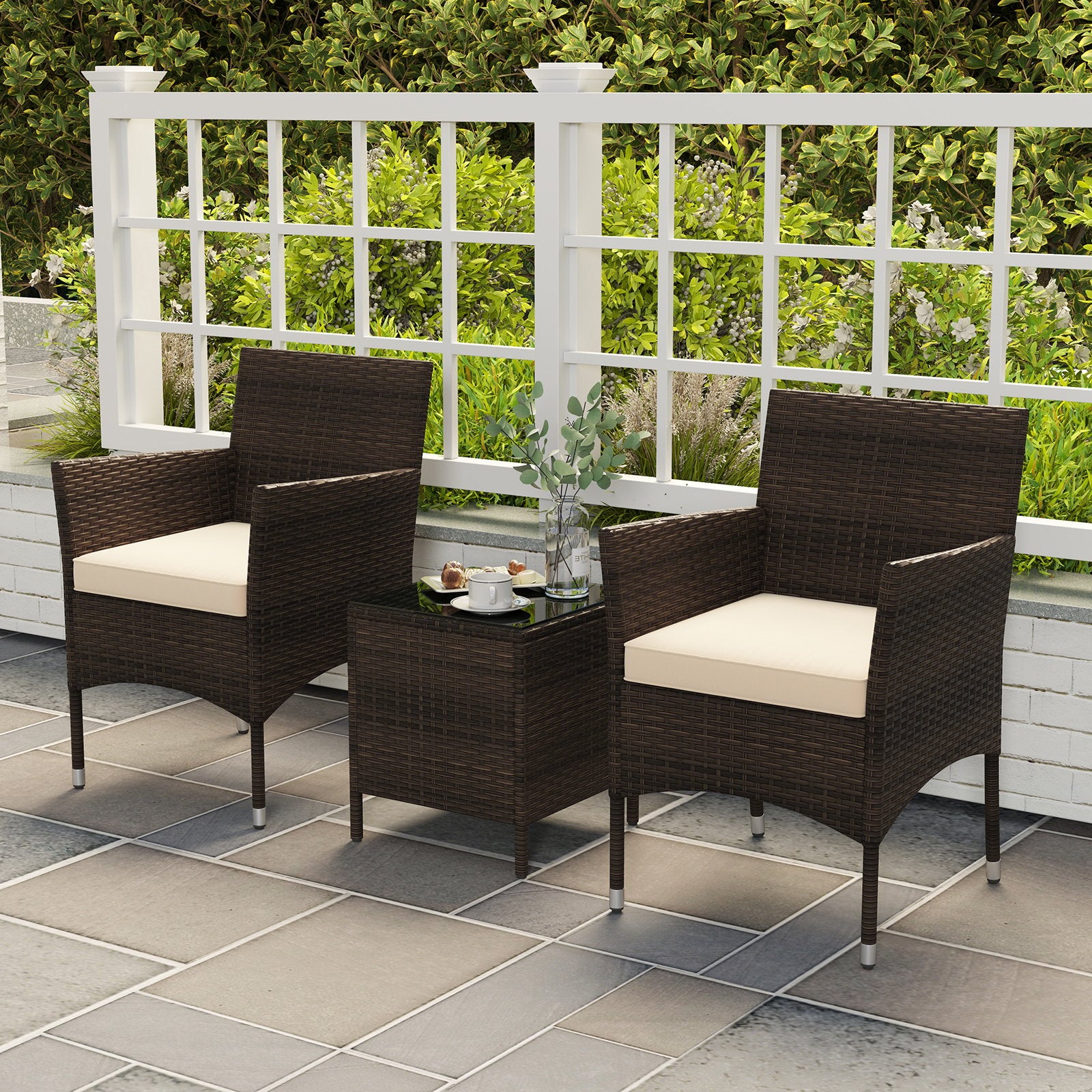 3 Pieces Outdoor Conversation Set with Cushioned Seat and Glass Tabletop, Beige Patio Conversation Sets   at Gallery Canada