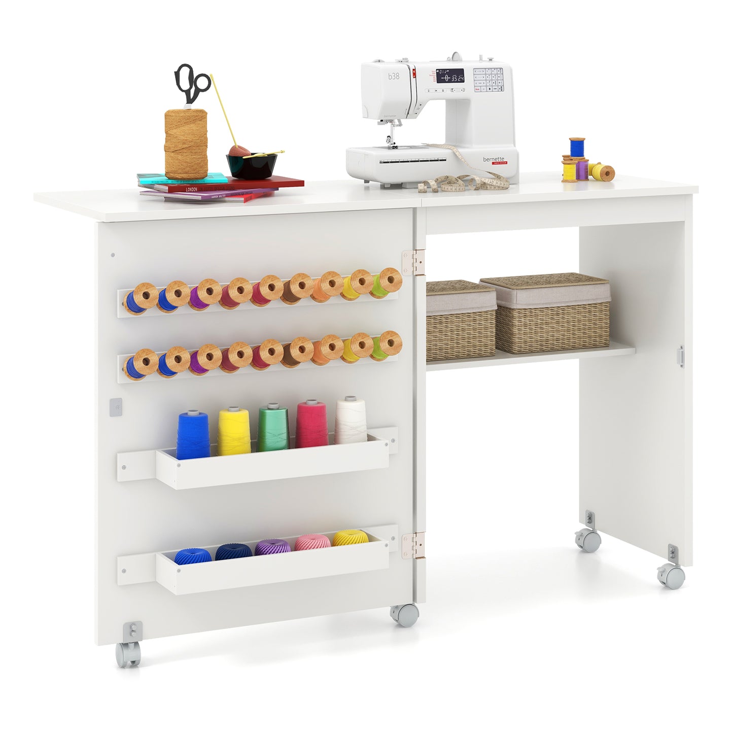 Folding Sewing Table with Storage Shelf and 5 Lockable Wheel, White Sewing Tables White  at Gallery Canada