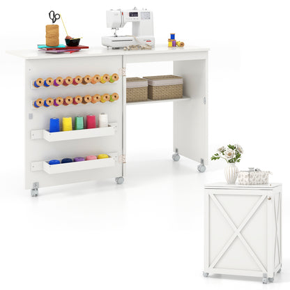 Folding Sewing Table with Storage Shelf and 5 Lockable Wheel, White Sewing Tables   at Gallery Canada