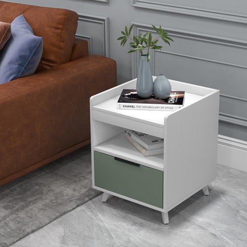 Modern Nightstand with LED Lights Sliding Drawer and Open Compartment, White