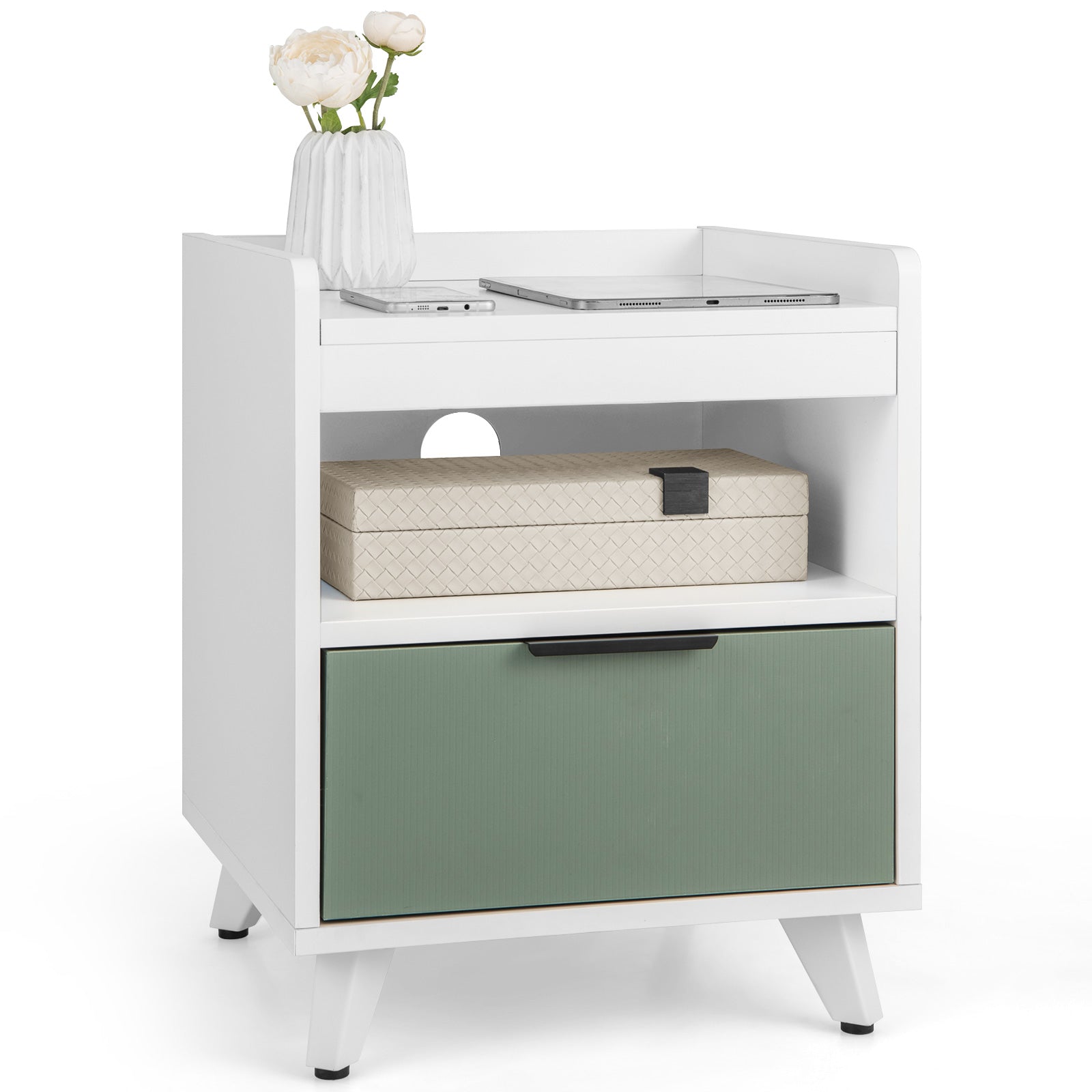 Modern Nightstand with LED Lights Sliding Drawer and Open Compartment, White Nightstands at Gallery Canada