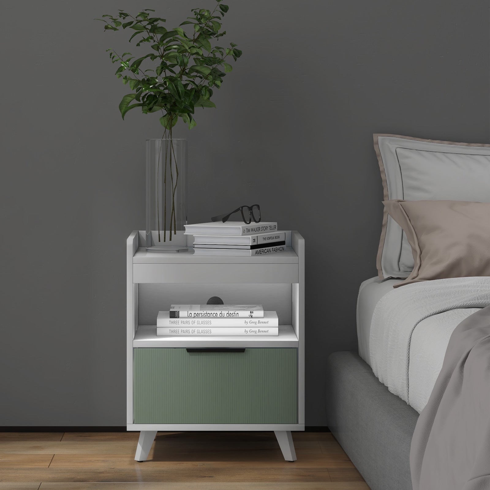 Modern Nightstand with LED Lights Sliding Drawer and Open Compartment, White Nightstands at Gallery Canada