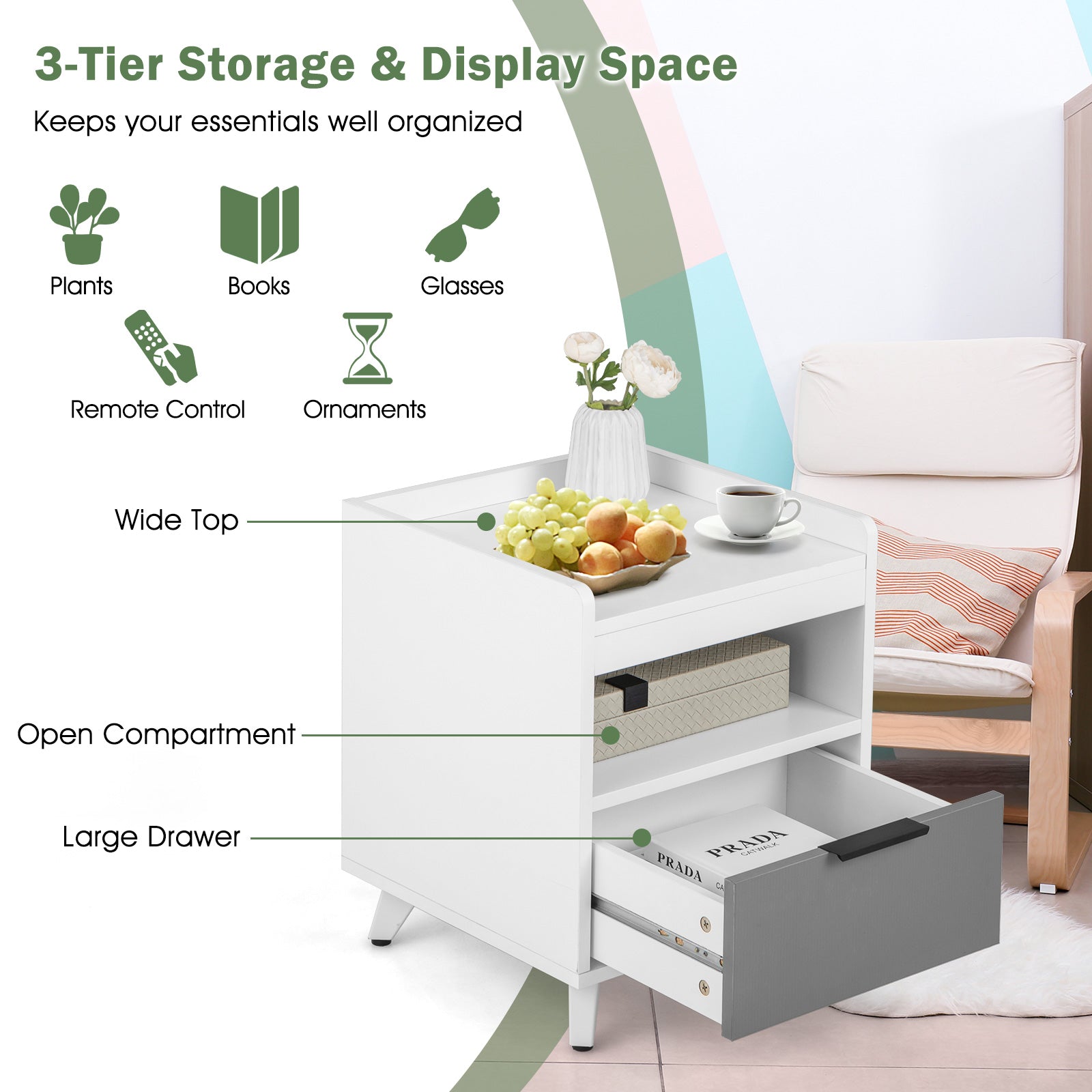 Modern Nightstand with LED Lights Sliding Drawer and Open Compartment, White Nightstands at Gallery Canada