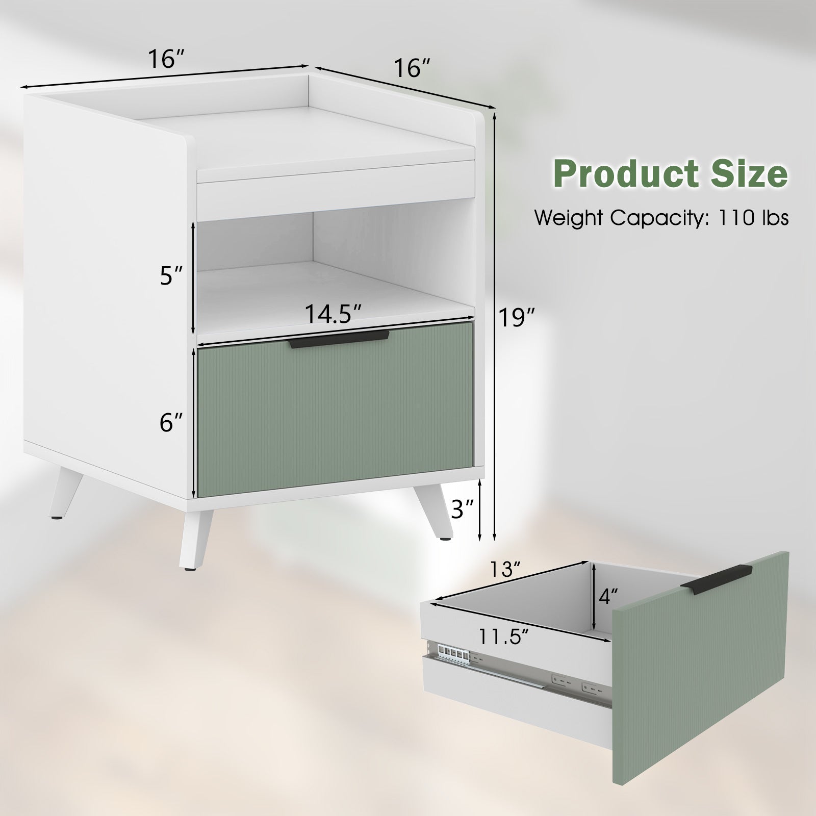 Modern Nightstand with LED Lights Sliding Drawer and Open Compartment, White Nightstands at Gallery Canada