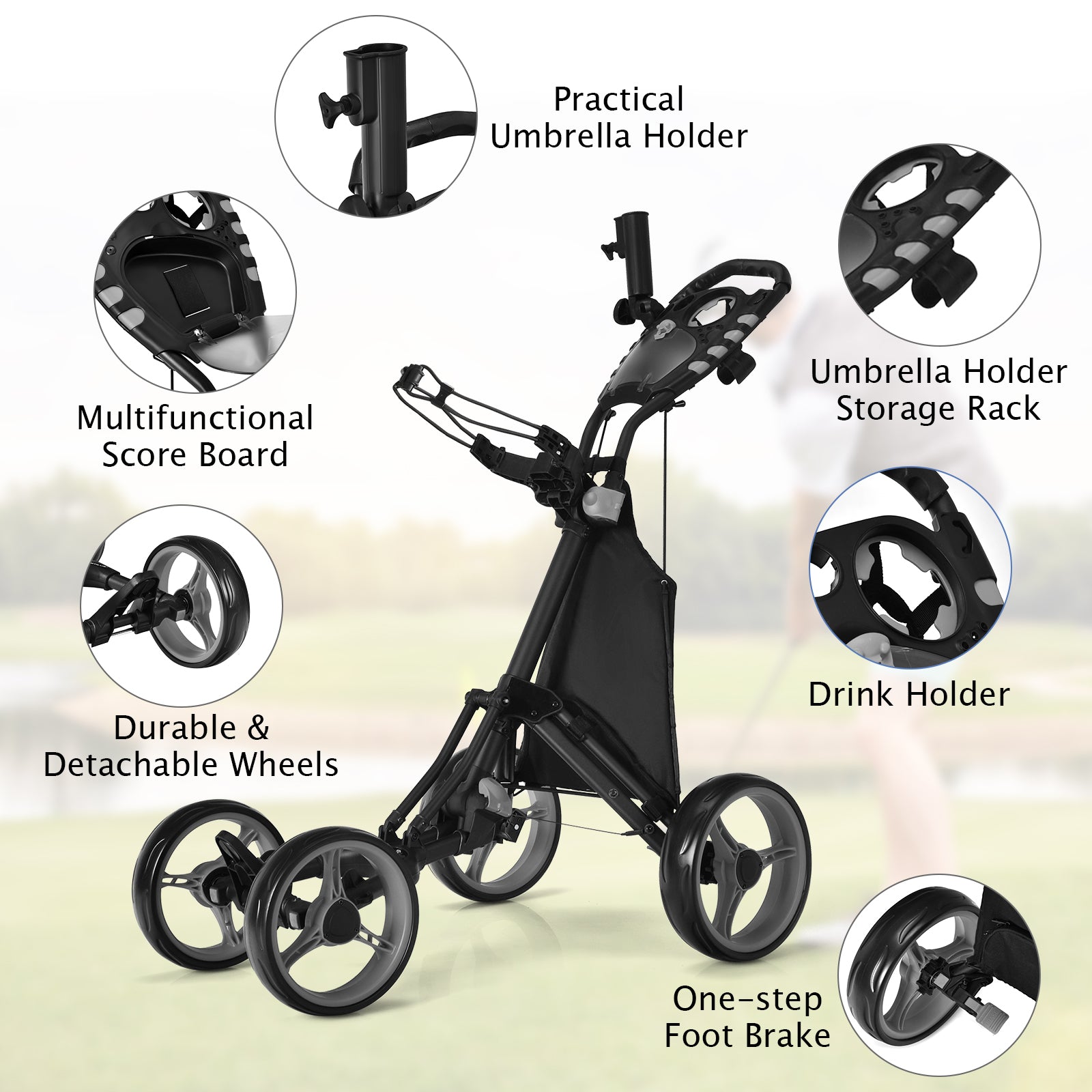 Lightweight Foldable Collapsible 4 Wheels Golf Push Cart, Gray Golf at Gallery Canada