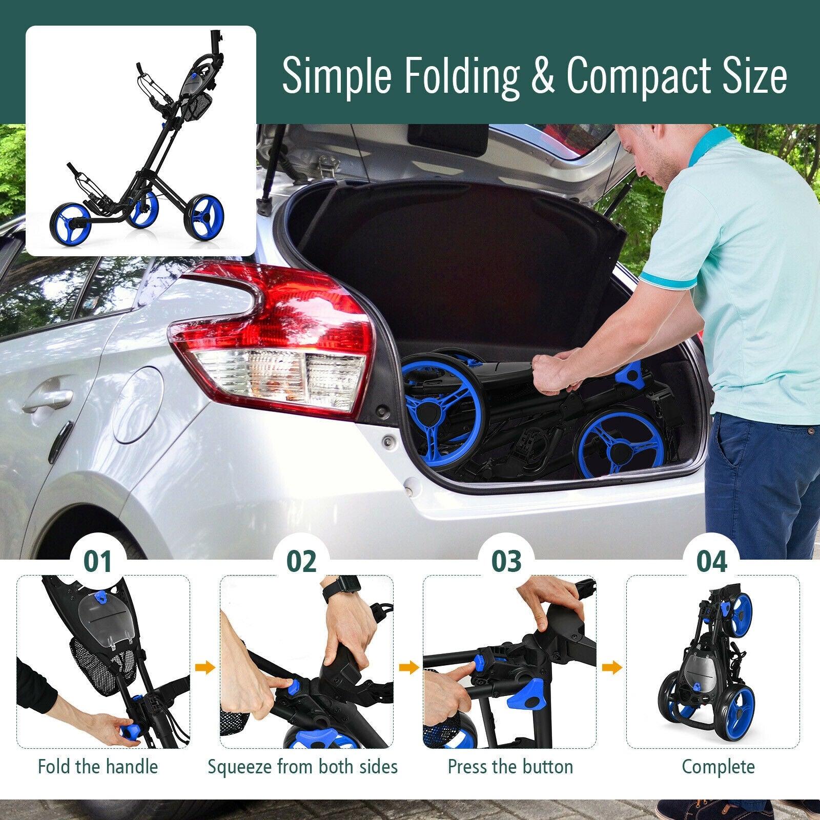 Folding 3 Wheels Golf Push Cart with Brake Scoreboard Adjustable Handle, Blue Golf at Gallery Canada