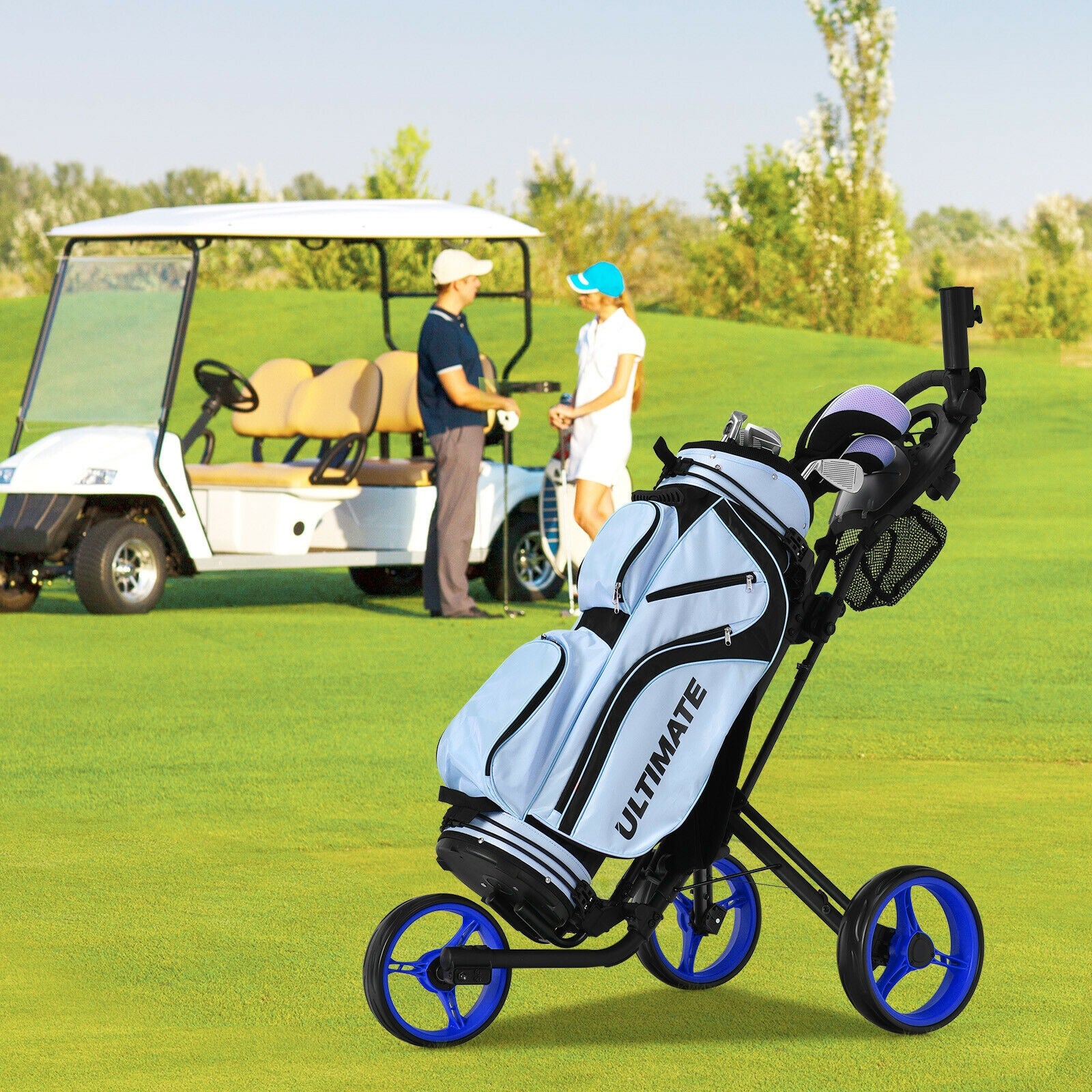 Folding 3 Wheels Golf Push Cart with Brake Scoreboard Adjustable Handle, Blue Golf at Gallery Canada