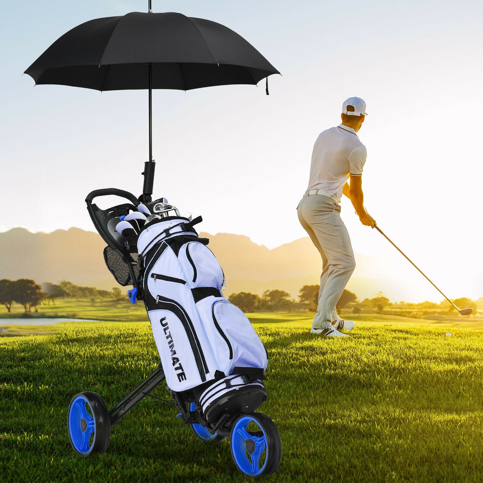 Folding 3 Wheels Golf Push Cart with Brake Scoreboard Adjustable Handle, Blue Golf at Gallery Canada