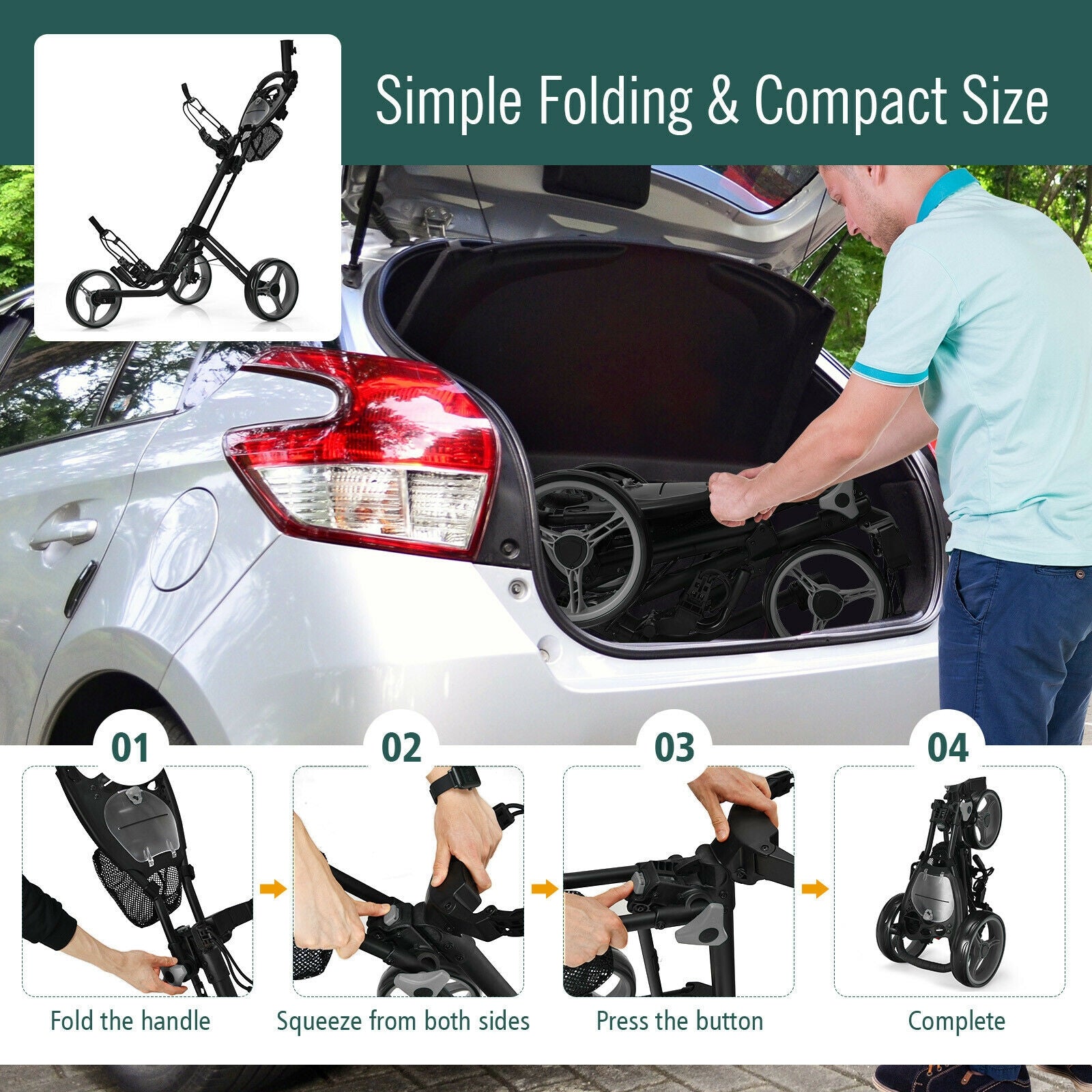 Folding 3 Wheels Golf Push Cart with Brake Scoreboard Adjustable Handle, Gray Golf at Gallery Canada