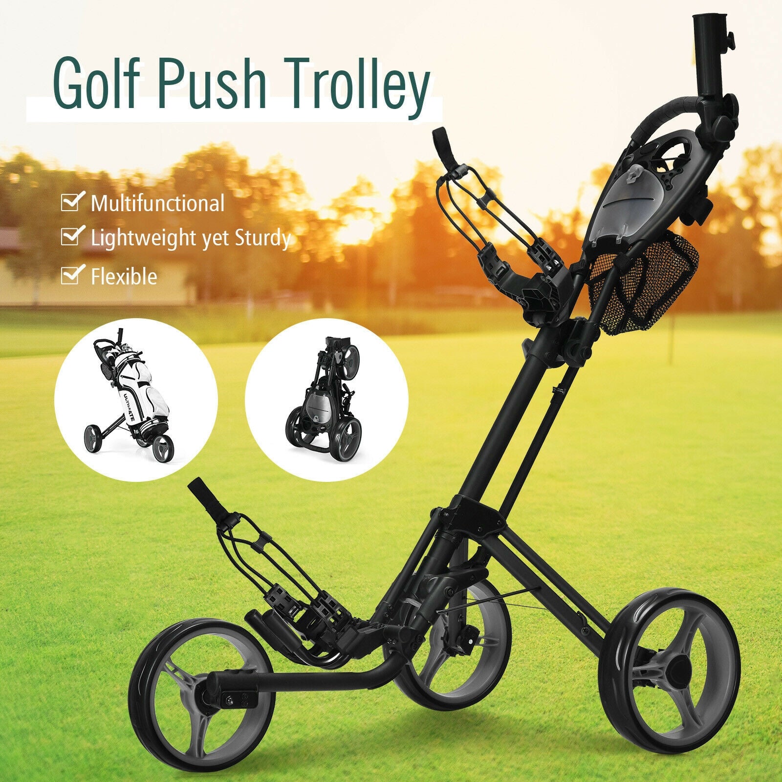 Folding 3 Wheels Golf Push Cart with Brake Scoreboard Adjustable Handle, Gray Golf at Gallery Canada