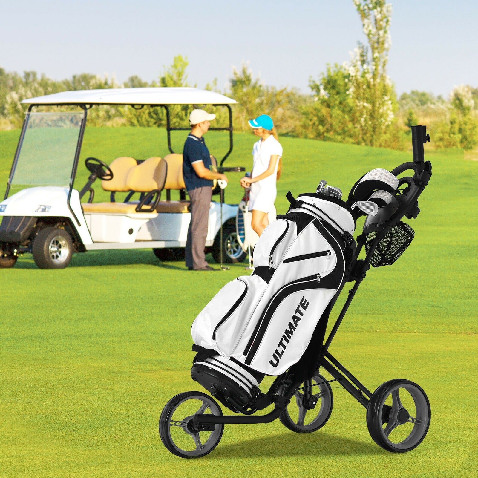 Folding 3 Wheels Golf Push Cart with Brake Scoreboard Adjustable Handle, Gray Golf at Gallery Canada