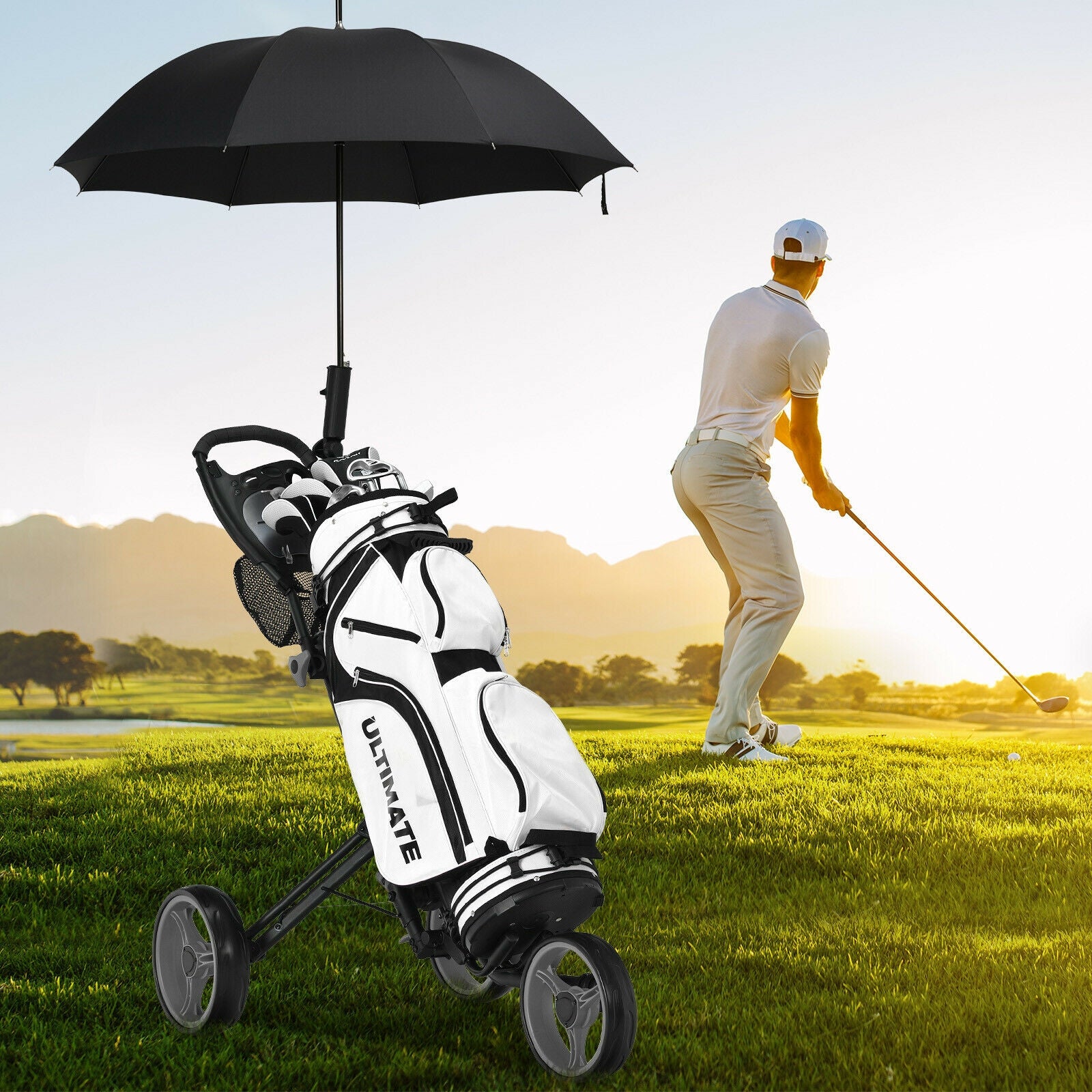 Folding 3 Wheels Golf Push Cart with Brake Scoreboard Adjustable Handle, Gray Golf at Gallery Canada