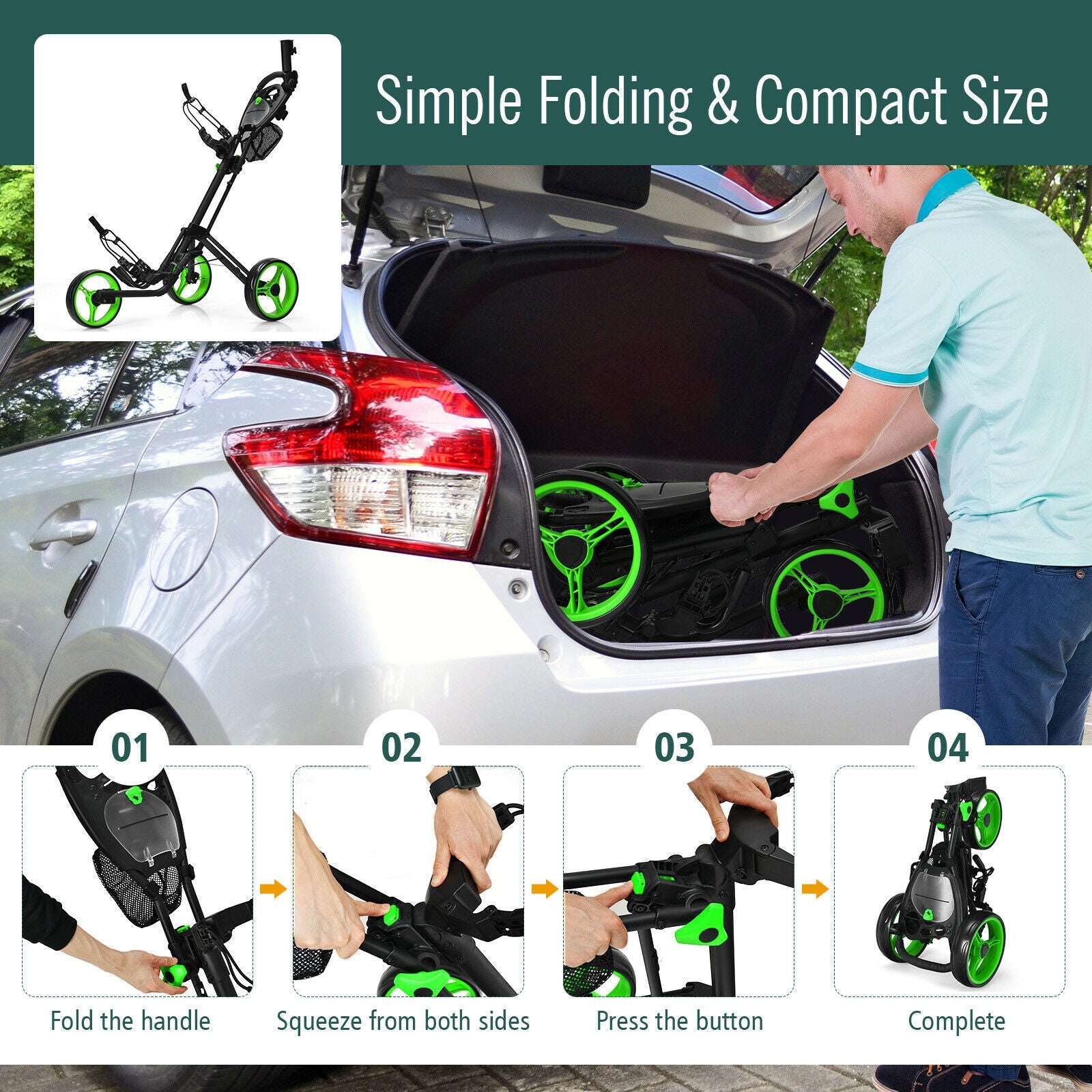 Folding 3 Wheels Golf Push Cart with Brake Scoreboard Adjustable Handle, Green Golf at Gallery Canada